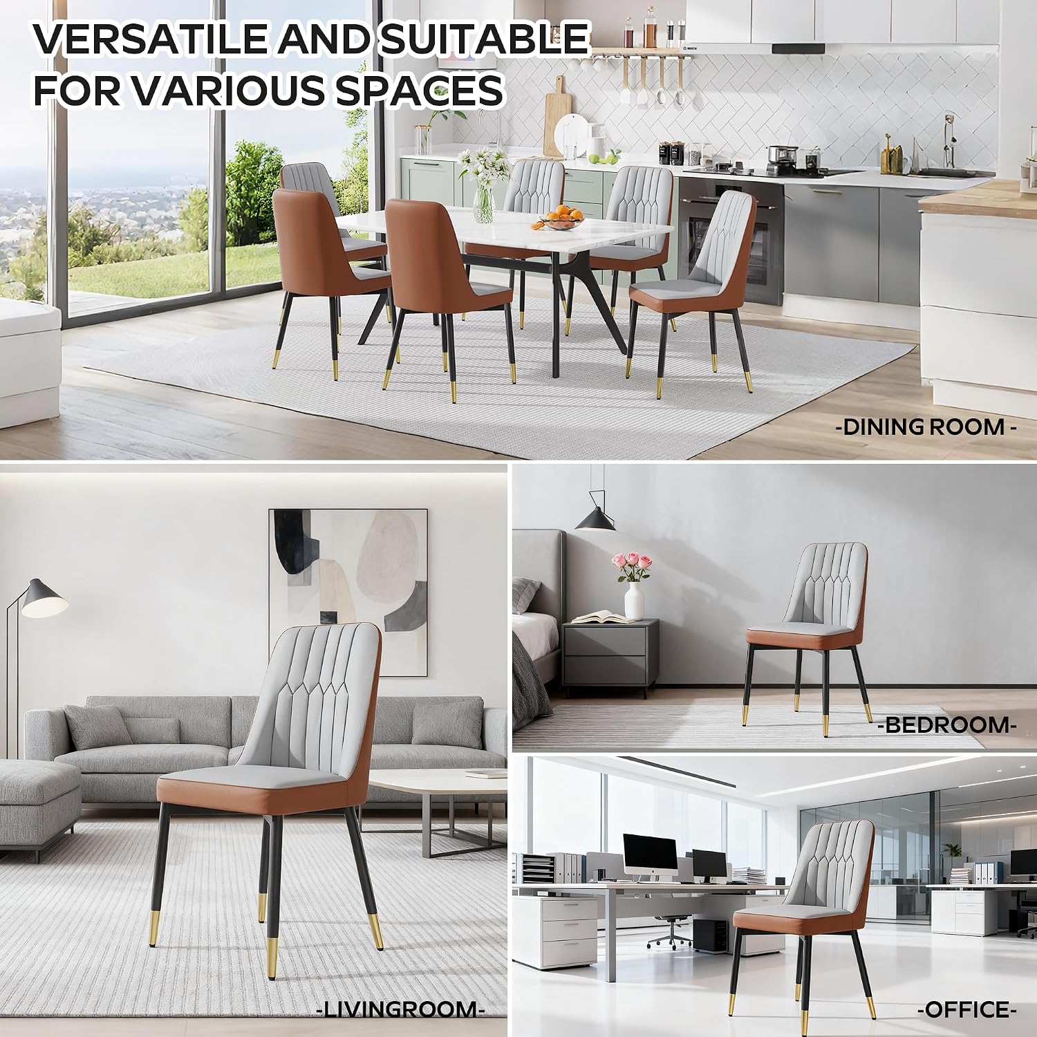 51" Modern Dining Table Set for 4, Glass Kitchen Table Chair Set for 4, Rectangular Kitchen Table with 4 PU Leather Upholstered Chair for Dining Room(Gold Table+Gray&Brown Chairs)