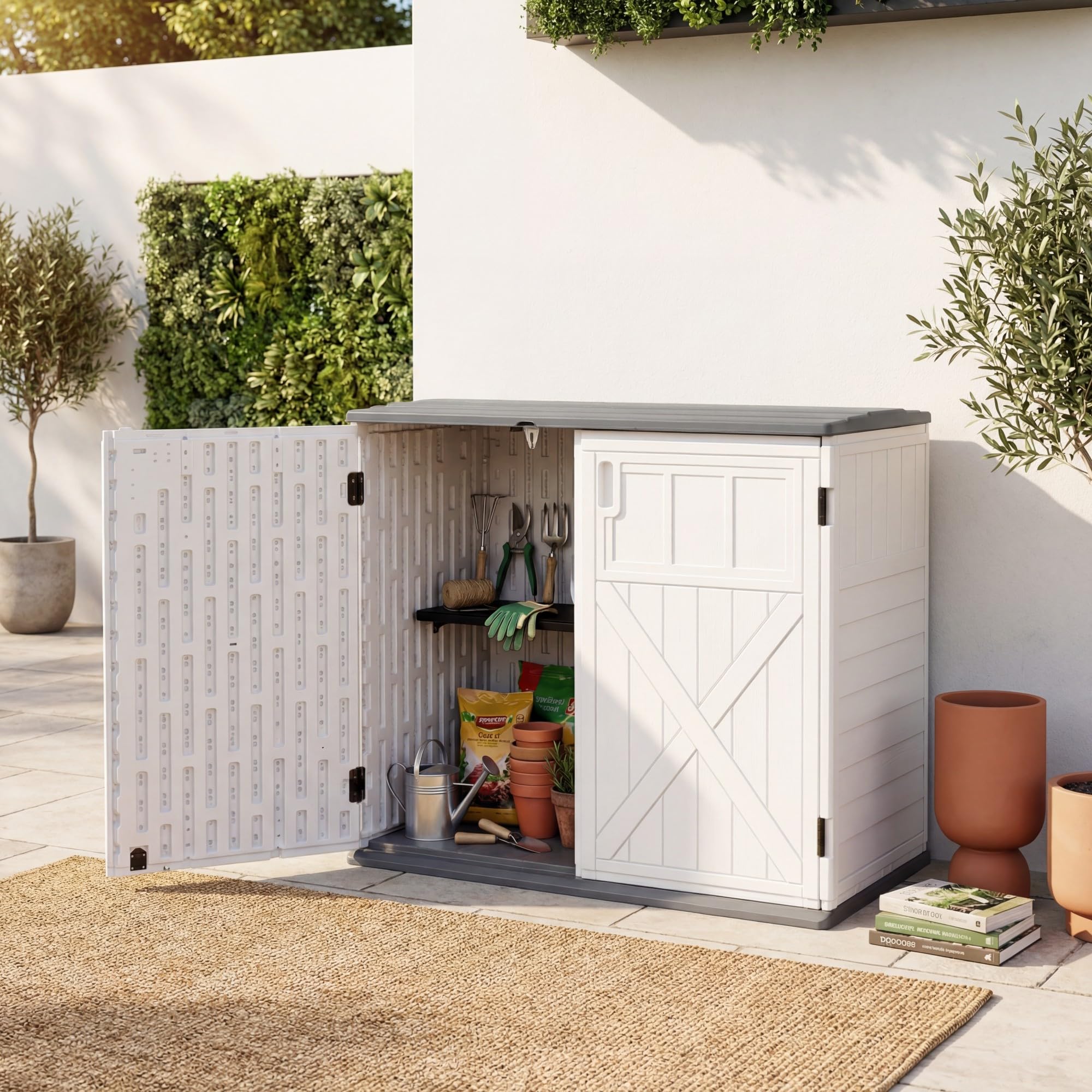 GYMAX Coffre de Rangement de Jardin Imperméable HDPE, 2 Étagères, Couvercle Relevable Verrouillable, Armoire Extérieure, 118 x 63 x 94 cm