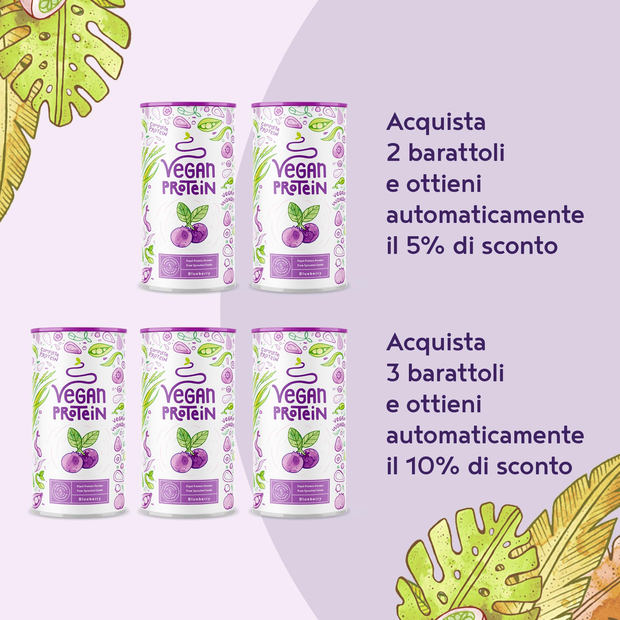 Proteine in Polvere Vegane | Gusto Mirtillo | 17g Proteine | Proteine Vegetali Isolate in Polvere di Pisello, Riso e Girasole | Massa Muscolare | 600g Vegan Protein Powder | Alpha Foods