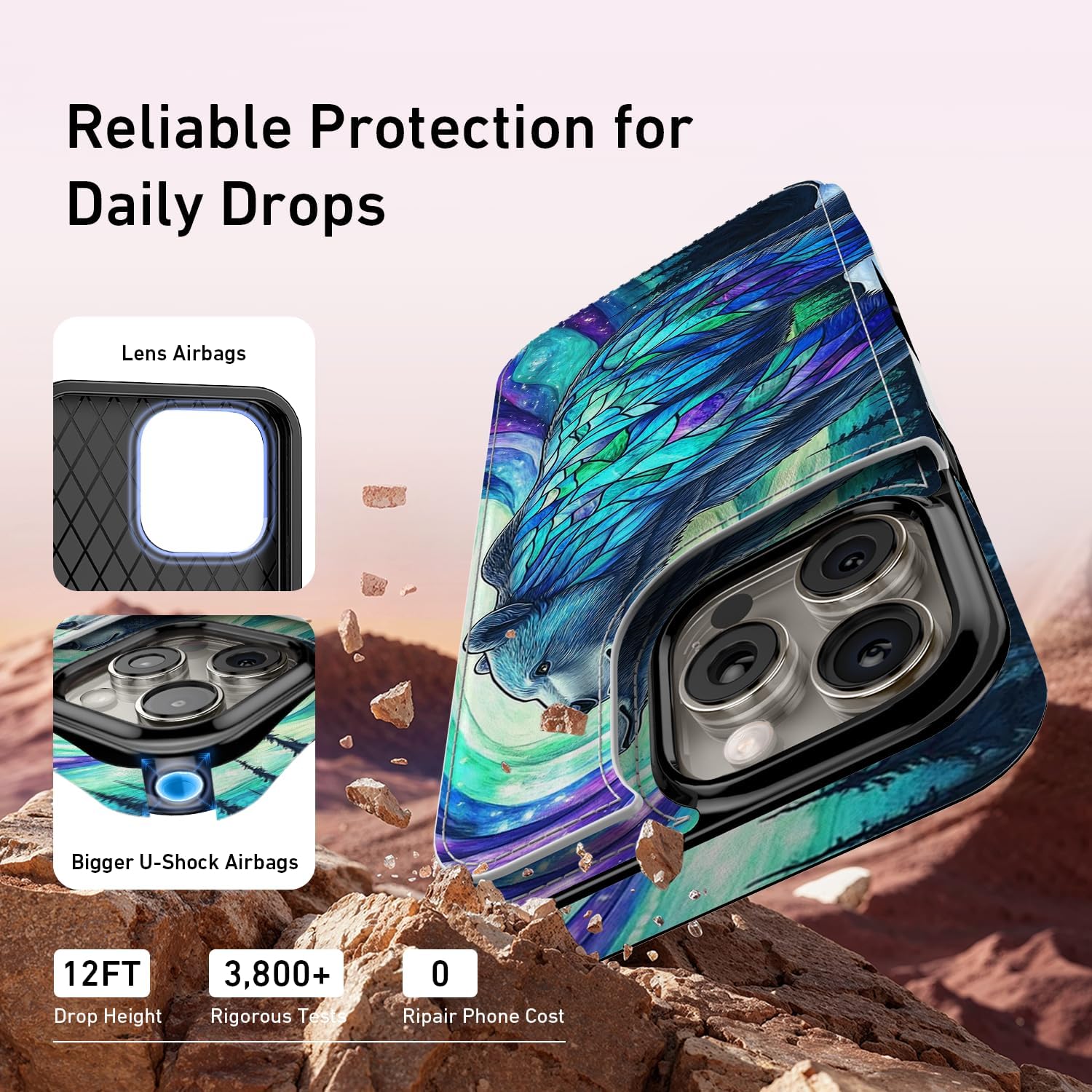 FUNMIKO for iPhone 14 Pro Wallet Case with Card Holder, RFID-Blocking, Military-Grade Protection & UV-Printed Artwork, Magnetic Closure with Leather Kickstand - Prismatic Aurora Bear - Image 5