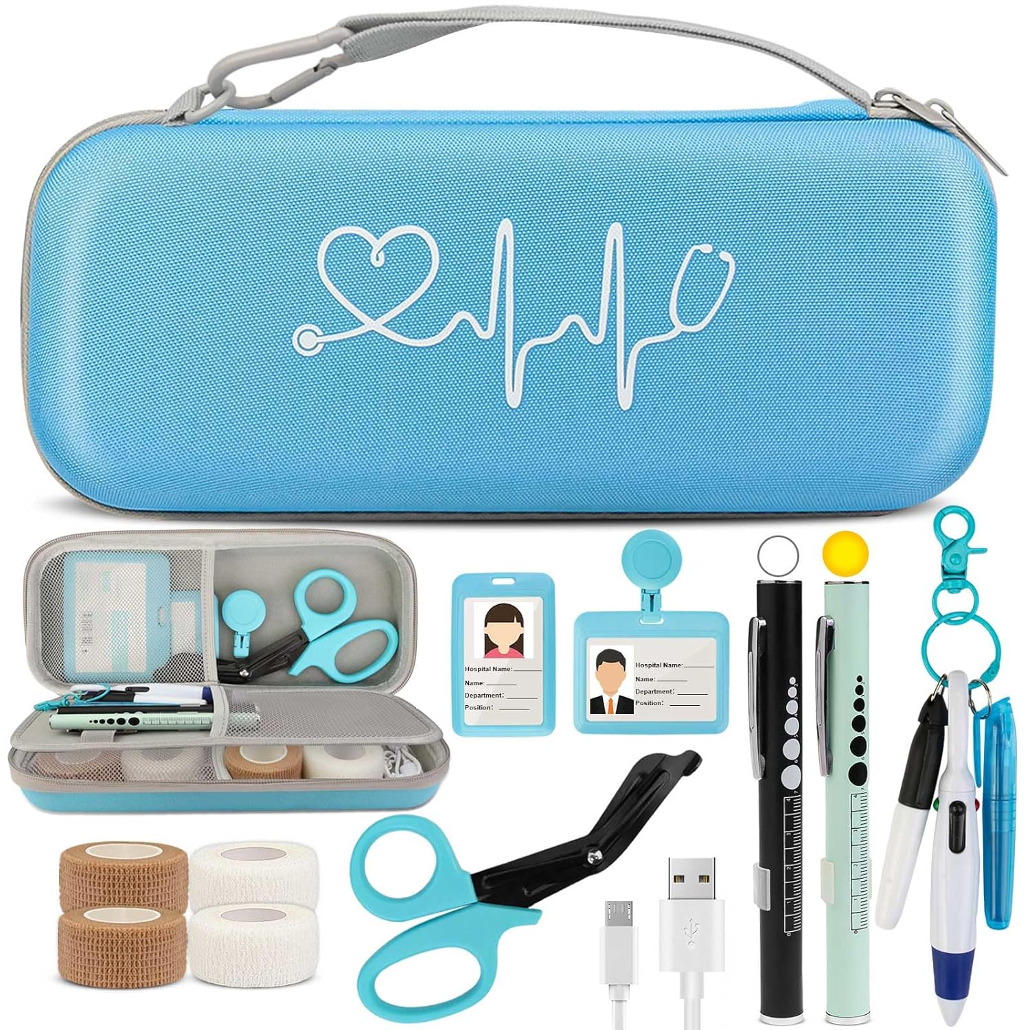 16 Pcs Stethoscope Case Kits, Stethoscope Case with Supplies Include 2 Pcs Rechargeable LED Pen Lights, Nurse Scissors, Nurse Pens, Bandage Wraps, Nurse Accessories, Perfect Nurse Gifts(Pink)