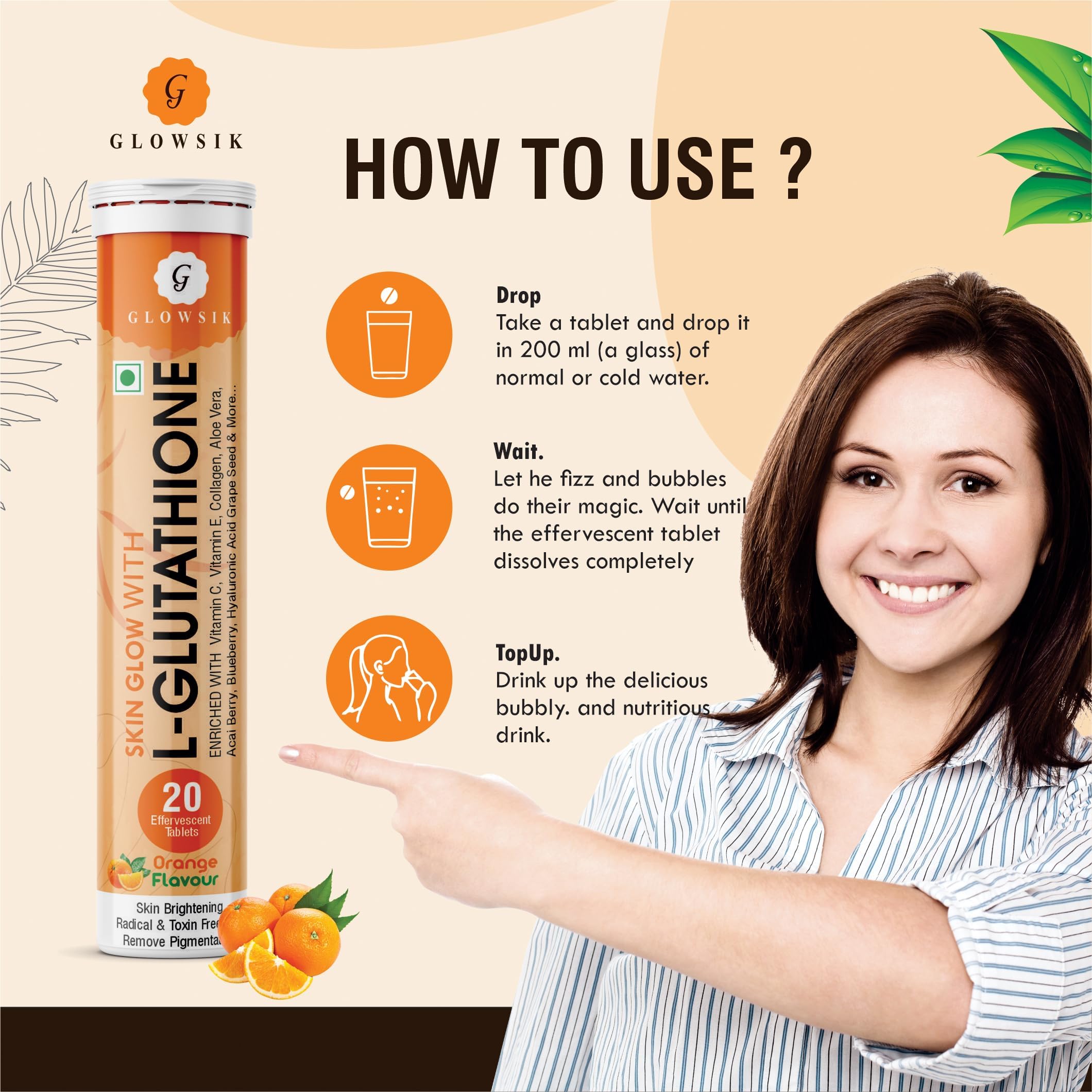Glowsik Glutathione with Vitamin C, 40 Effervescent Tablets for Skin Health, 600mg Glutathione Reduced, Antioxidants Supplements for Glowing Skin Health, Orange Flavour - Image 3 thumbnail