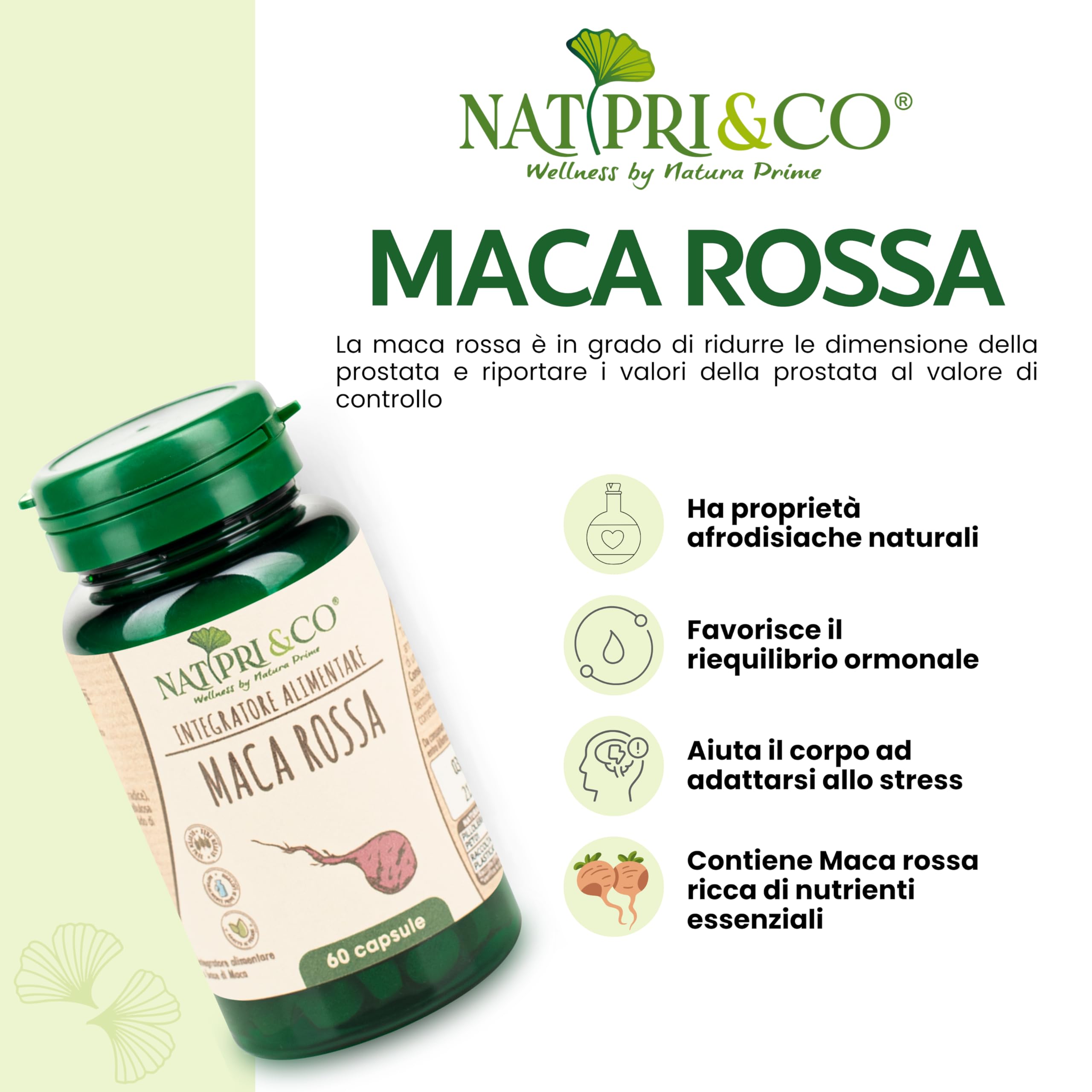 Natura Prime - Maca Rossa - Radice Energizzante, Migliora L'Equilibrio Ormonale Per Uomo E Donna - 60 Capsule - Vegano, Senza Glutine E Senza Lattosio