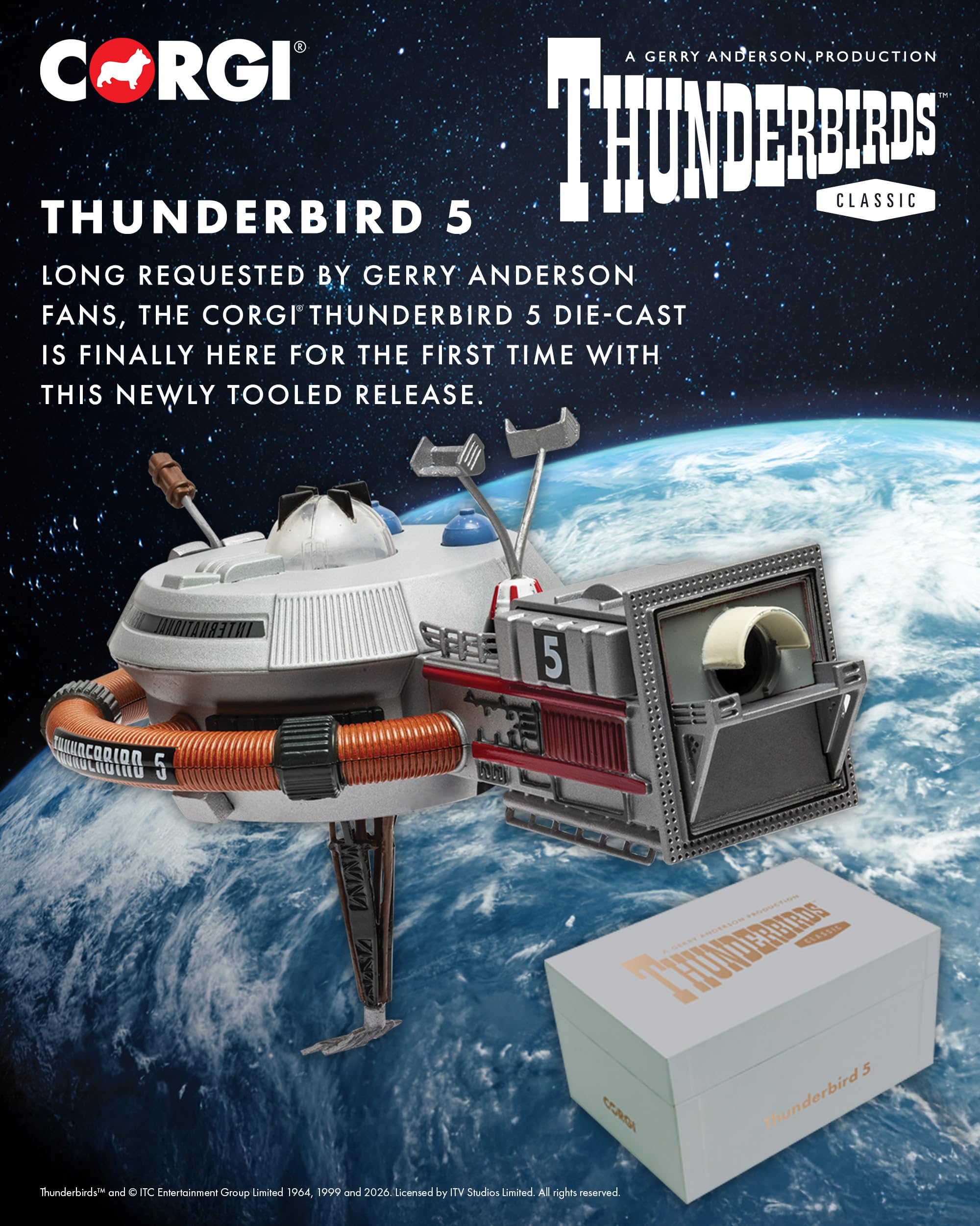 Corgi CC01501 Thunderbirds F.A.B. Collection - Modelo Thunderbird 5 Fundido a presión, estación Espacial Detallada con Soporte de exhibición, Modelos de Naves espaciales preconstruidas para más de 14