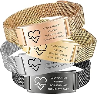 Bracelet d'urgence Alerte Médicale Personnalisé, Bracelet Médical Personnalisé en Acier Inoxydable Gravée avec Sangle élastique Extensible, Bracelet Réglable avec Fermoir de Sécurité