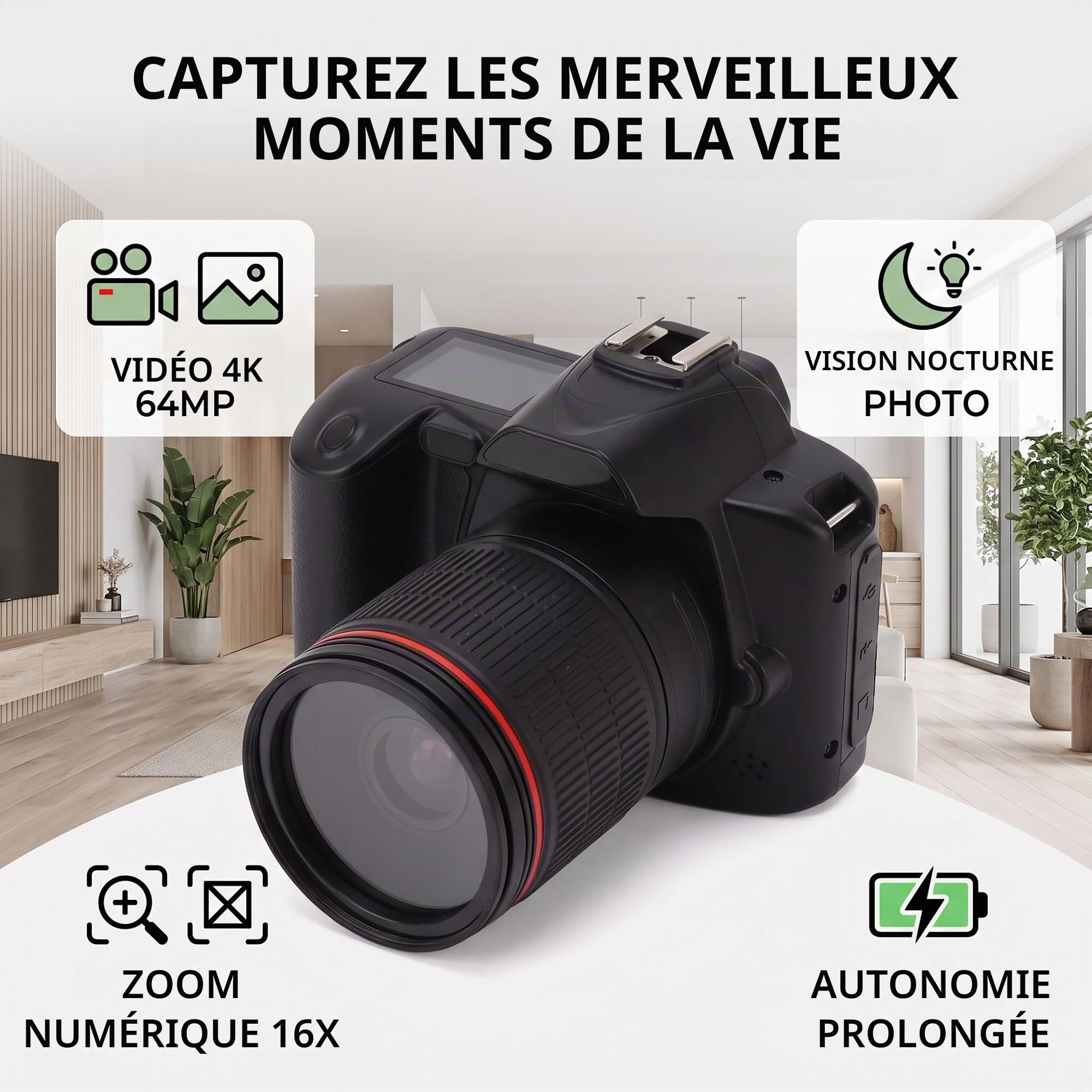 Appareil Photo Numérique 4K 64 MP, Zoom 16X WiFi Nuit