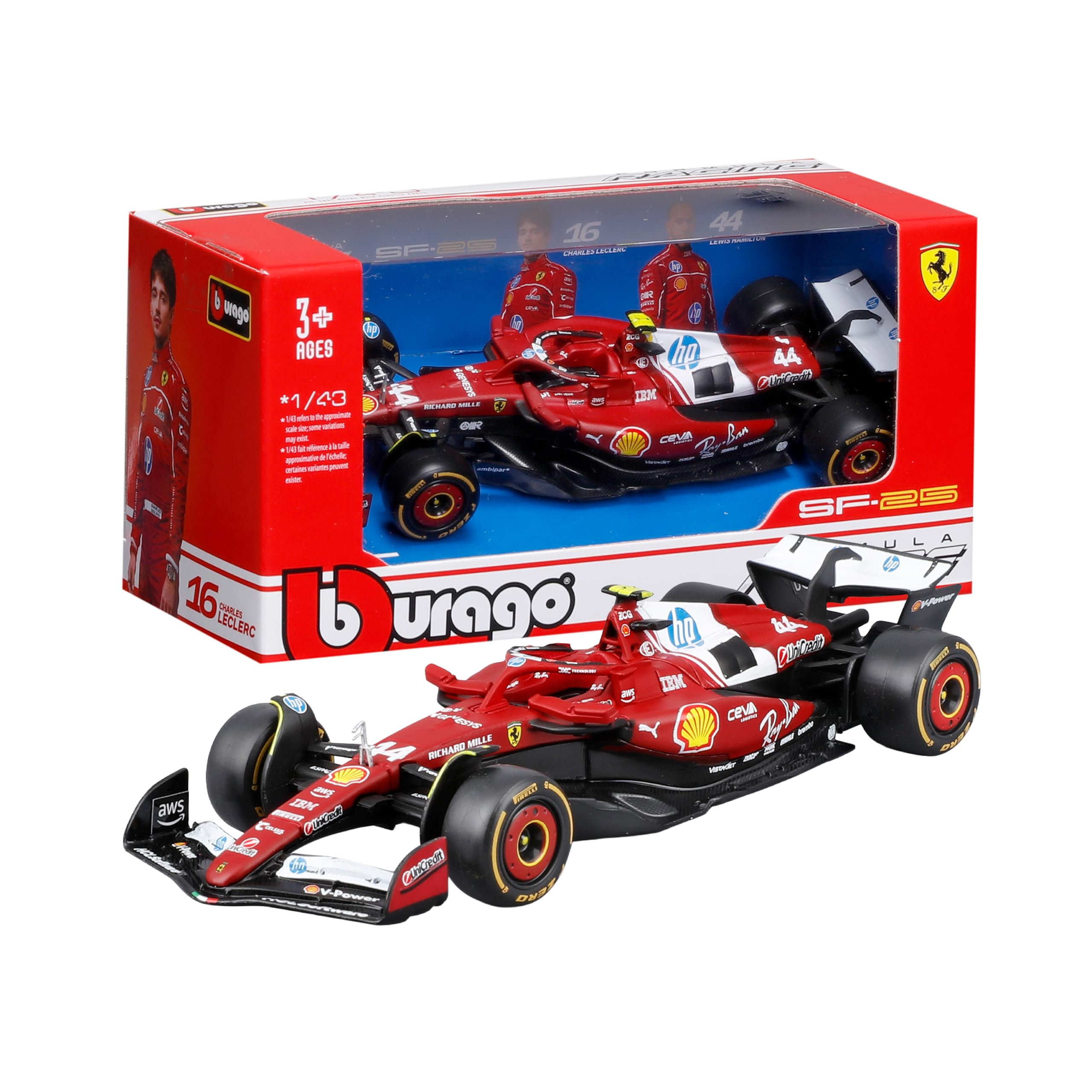 Bburago Ferrari SF-25 F1 2025#44 Hamilton Diecast Model Car 1:43 Detailed Miniature Formula One Vehicle Officially Licensed, Recommended Age 3+ Years, Red