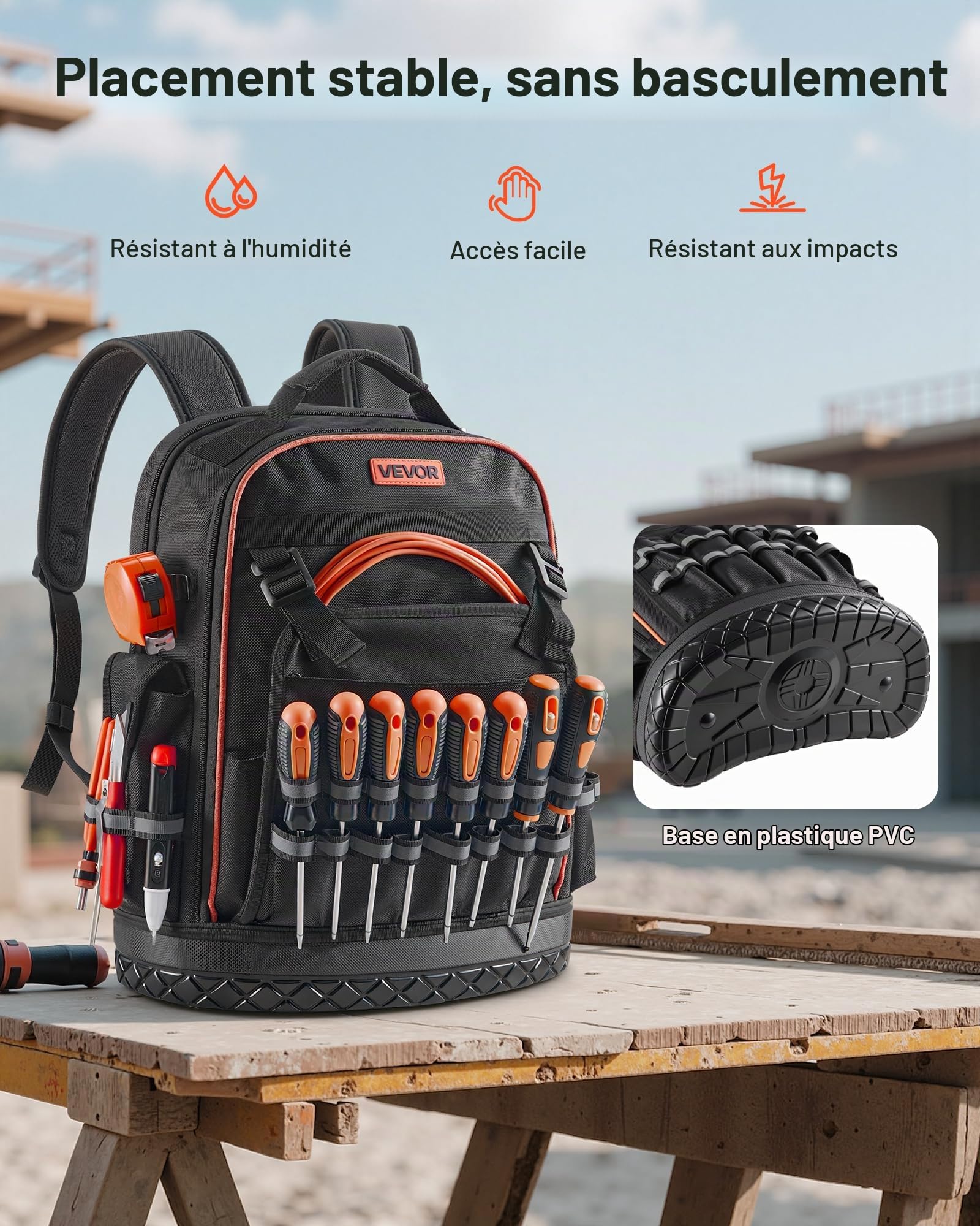 VEVOR Sac à Dos à Outils, Charge 31,75 kg, Sac à Outils 36,5x19,5x47 cm avec 64 Poches, Compartiment Ordinateur Portable, Base, Organisateur à Outil Robuste pour Chantier, Électricien, Réparateur CVC