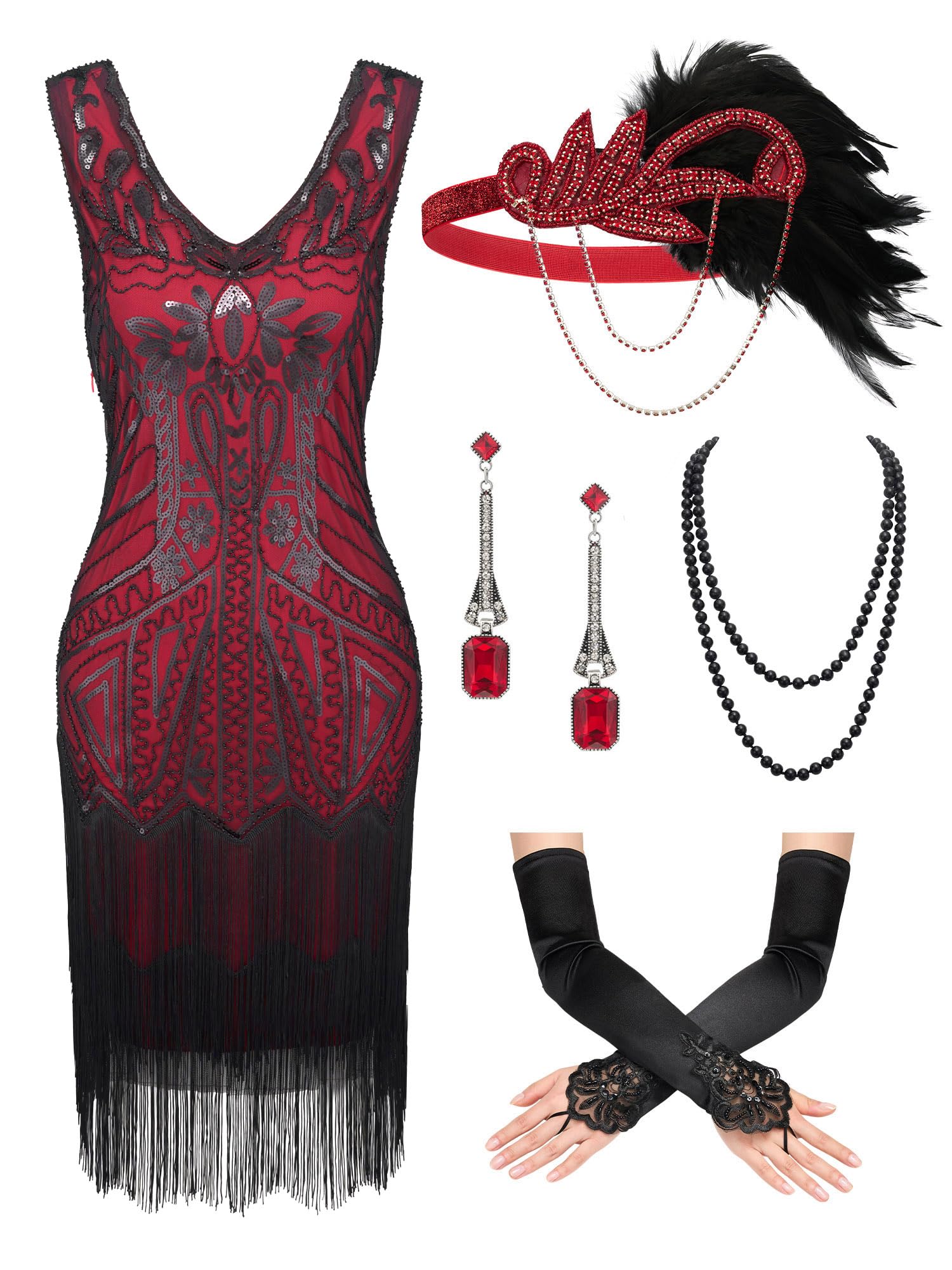SWEETVWomen's Vintage Flapper Dress 1920s,Great Gatsby Sequin Fringe dresses with 20s Accessories Set For Party Prom