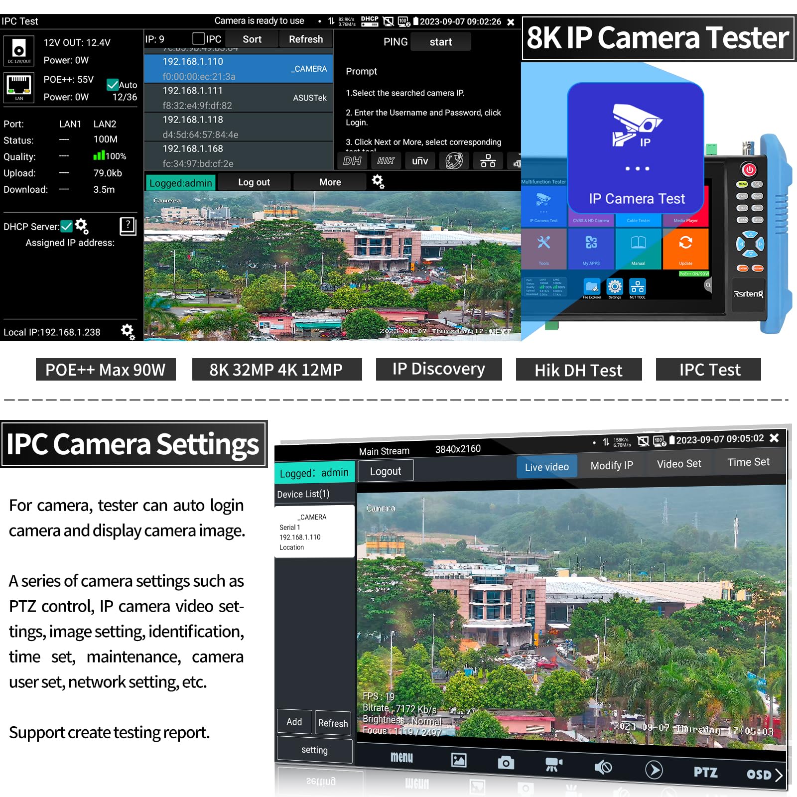 Henkion CCTV Tester 8K 32MP 4K 12MP IP Camera Test con POE++ max 90W, 8MP TVI CVI AHD CVBS CCTV Camera Monitor, interfaccia 1CH SFP, test IPC WiFi Tester di rete strumenti di uscita HD I/O VGA