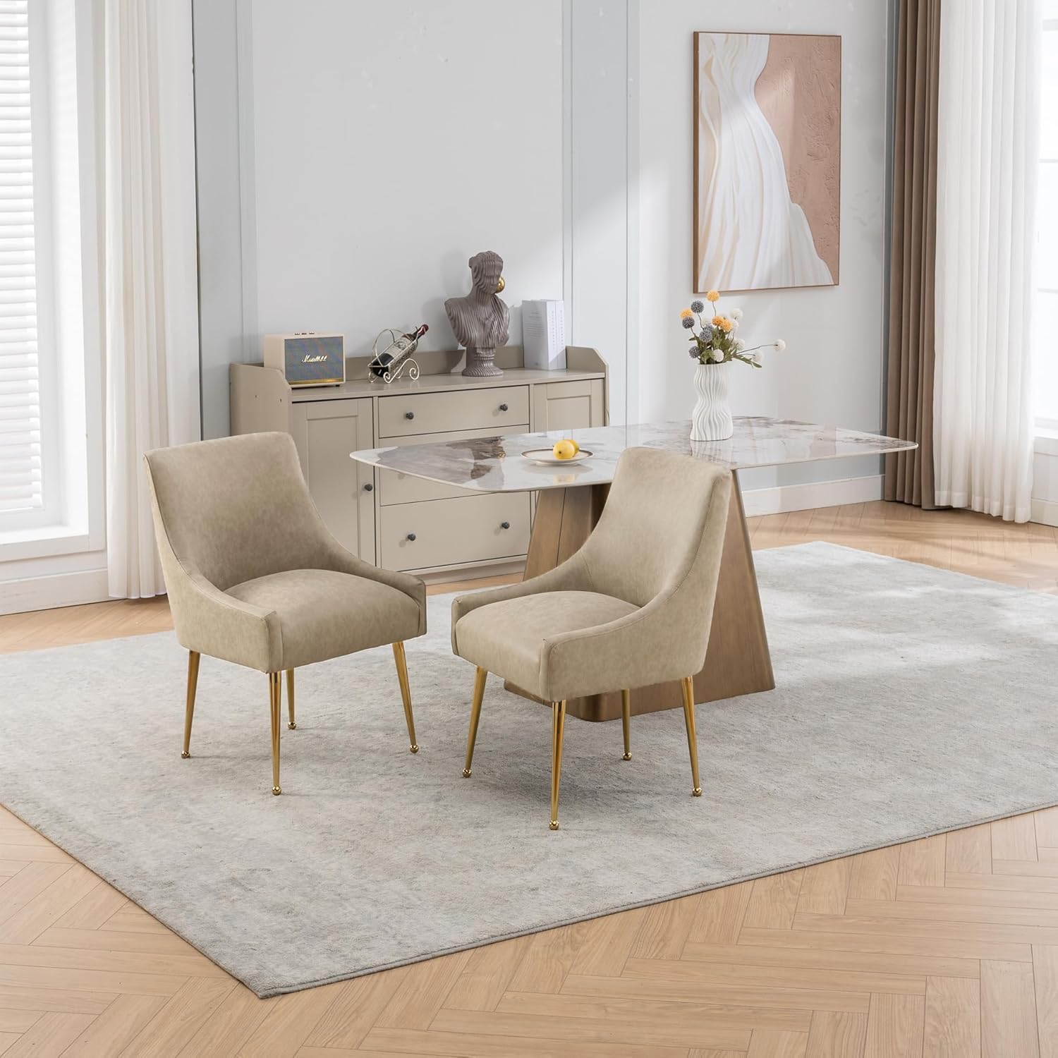 Dining Room Chair Faux Leather Vanity Chairs Set of 2 Mid-Century with Metal Legs Upholstered PU Leather Luxury Accent Chairs Living Room Restaurant(Dark Apricot)