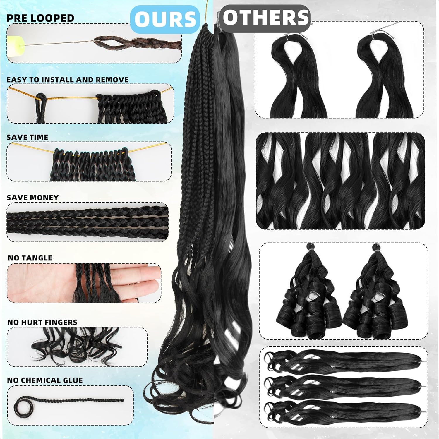 French Curl Crochet Braids for Black Women,18 Inches 8 Packs Pre Looped Goddess Box Braiding Hair with Curly Wavy Ends, Synthetic Hair Extensions(1B,Natural Black)