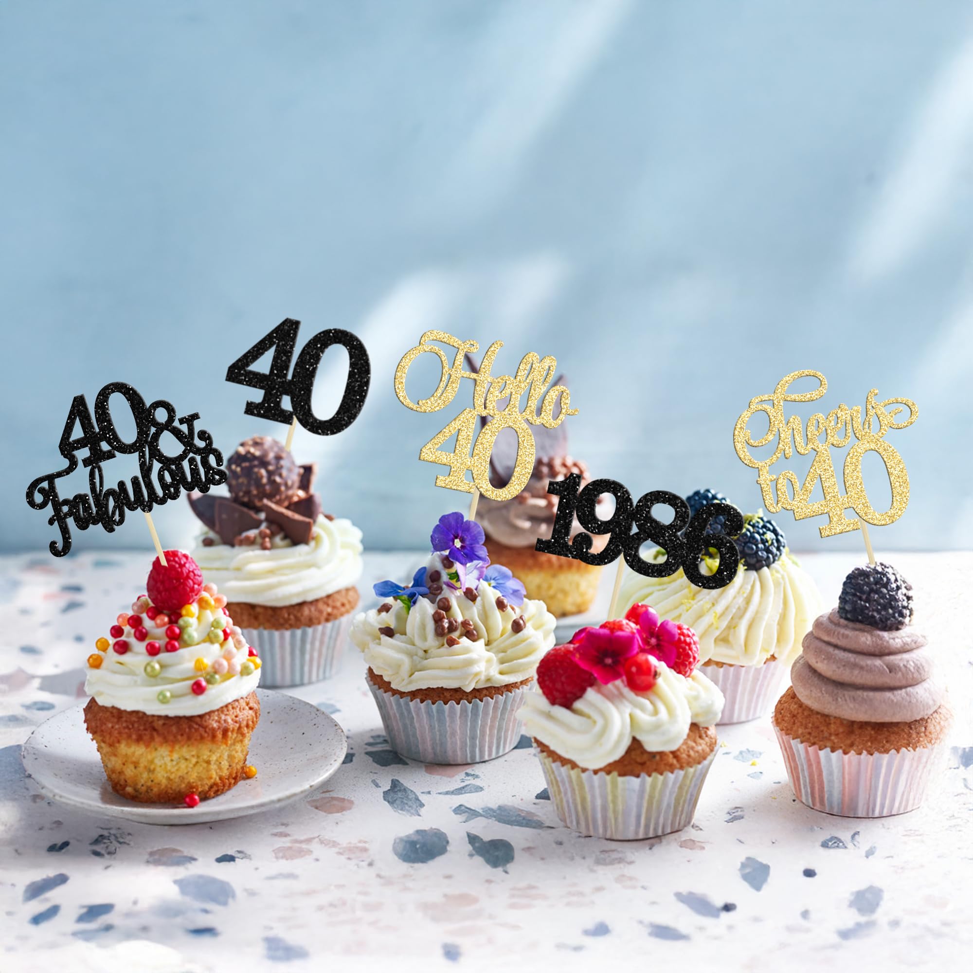 Gyufise 30Pcs 40th Birthday Cupcake Toppers 40 Fabulous Cupcake Picks Cheers to 40 1986 Cake Decorations for Happy 40th Birthday Wedding Anniversary Party Decoration Supplies Gold Black - Image 4