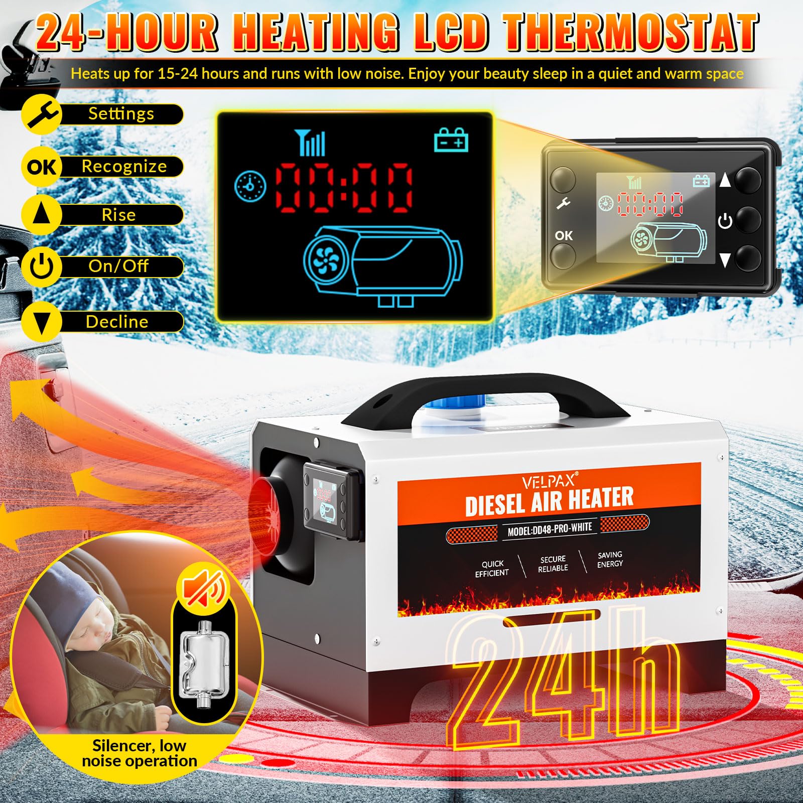 VELPAX Calentador Diésel Portátil Todo en Uno 12 V 24V 220V 8KW,Calentador de Aire Diesel 0,16-0,52 L/h LCD de Control Remoto,Adecuado para automóviles, Camiones, Barcos