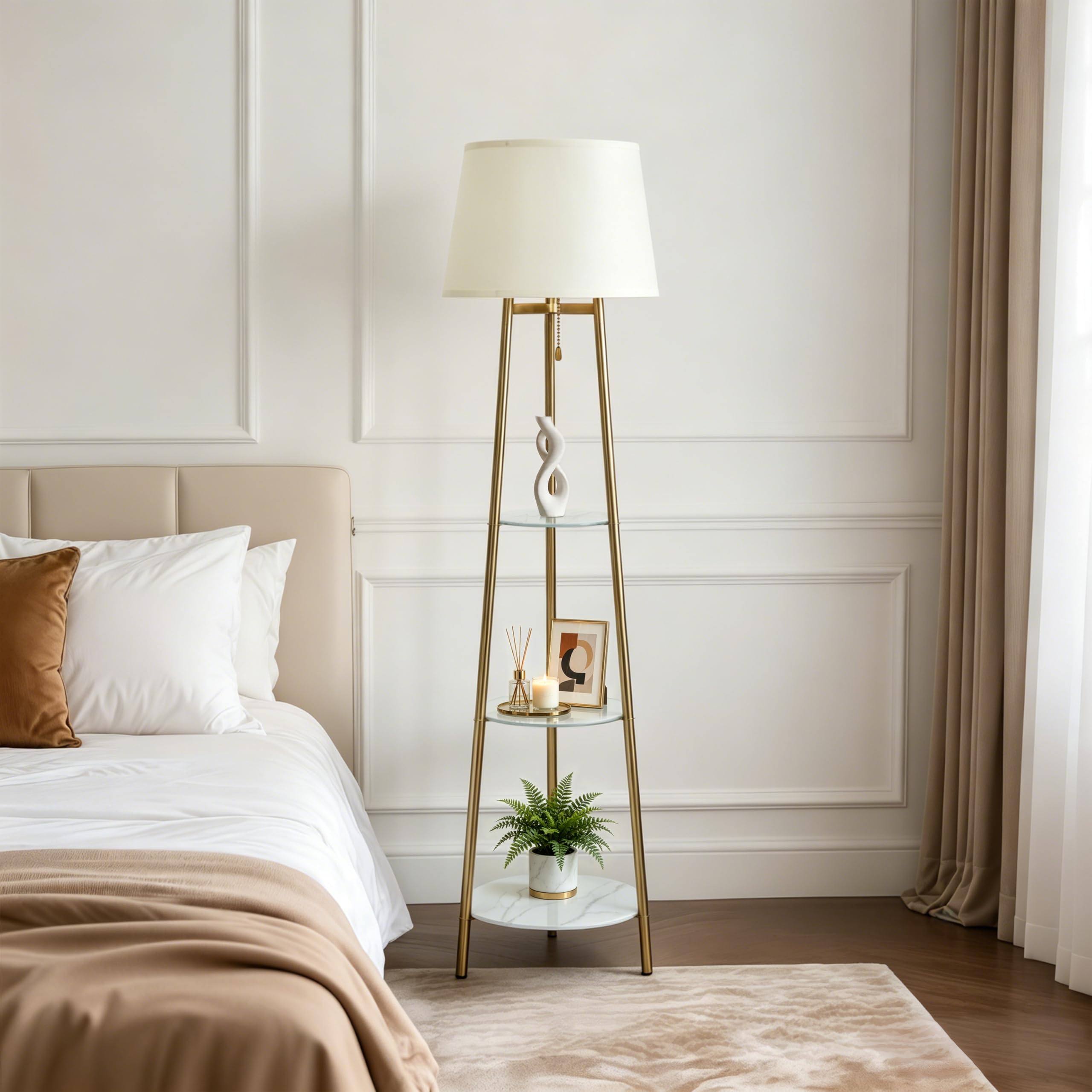 Lampadaire Trépied Métal avec 3 Étagères Verre Trempé LED 35x147cm | 3 Températures de Couleur 2700K/4500K/6500K, Abat-Jour en Lin, Pour Salon, Chambre, Bureau, Ampoule Incluse