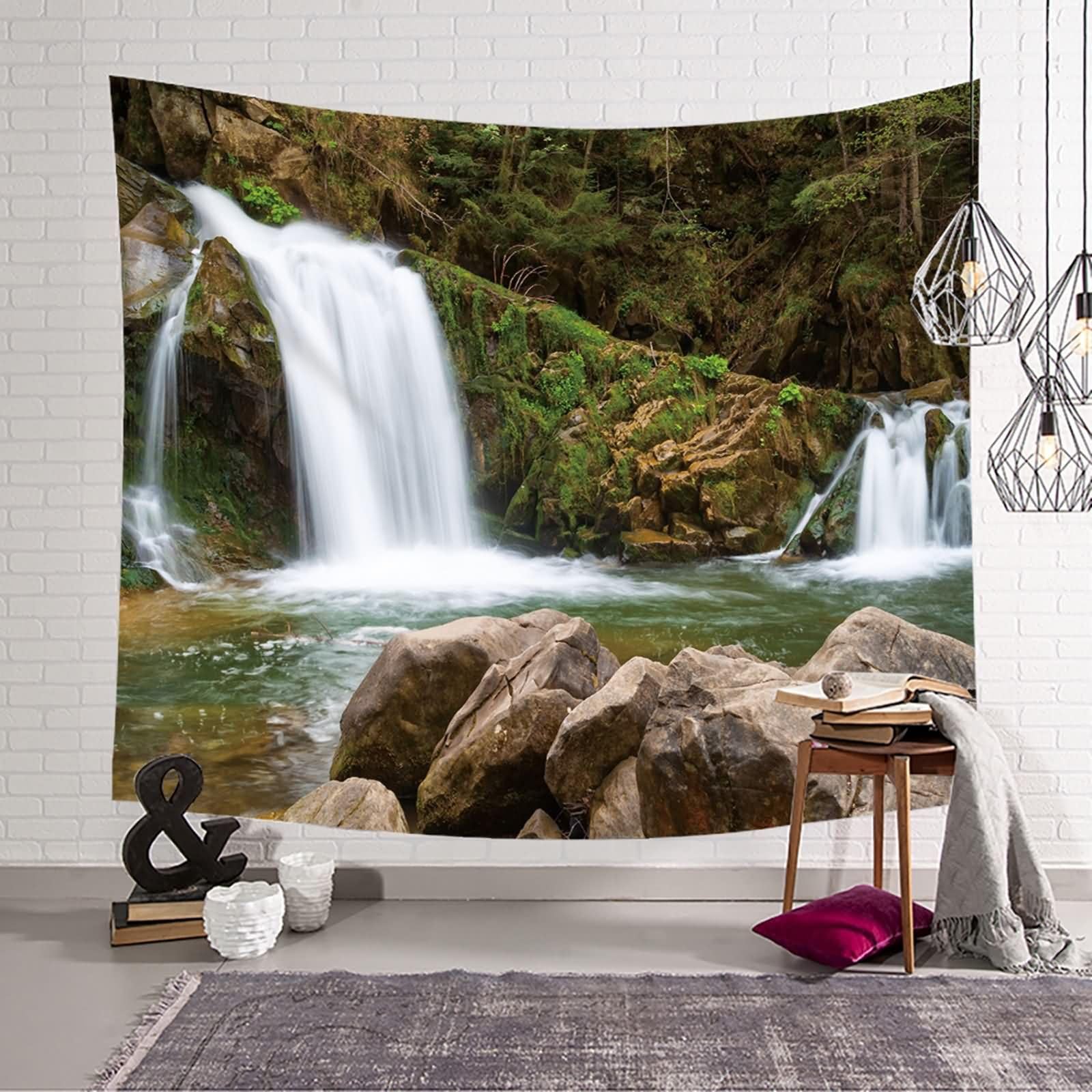 Homxi Tapiz Decorativo Sofá 240 x 220 CM,Paisaje de Cascada y Piedras Tapices Decorativos Sofa Poliester Marrón Blanco