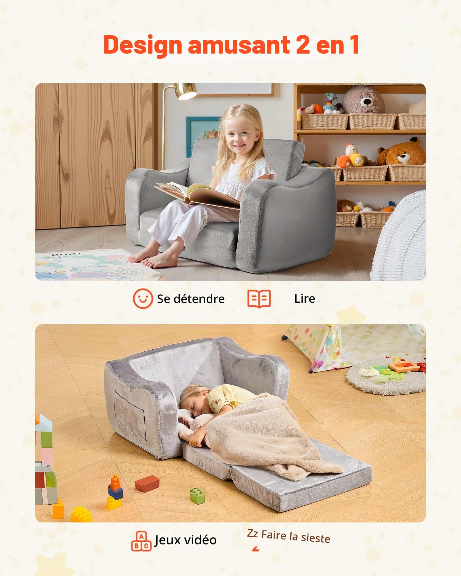VEVOR Canapé pour Enfants 2-en-1 Convertible en Chaise Longue, Sofa Tout-Petits Pliable et Moelleux, avec Accoudoirs, en Éponge 28D et Poils Courts, pour Salle de Jeux Chambre d’Enfants, Gris, L