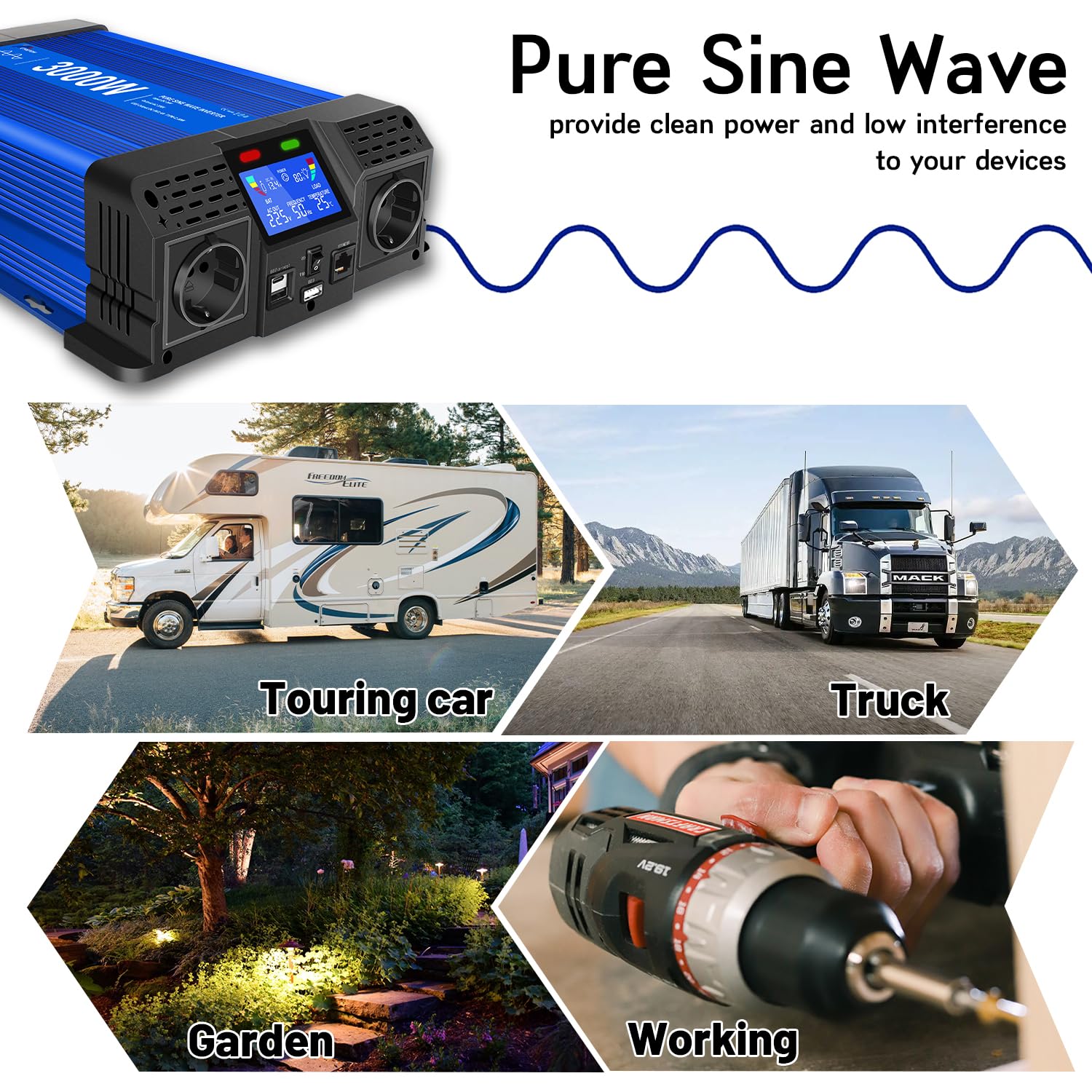 Convertisseur 3000W/6000W 12v 220v Pur Sinus Onduleur, 2 Prises UE, 2 Ports USB+Type-C, adapté aux appareils électroménagers, Camping,Camion
