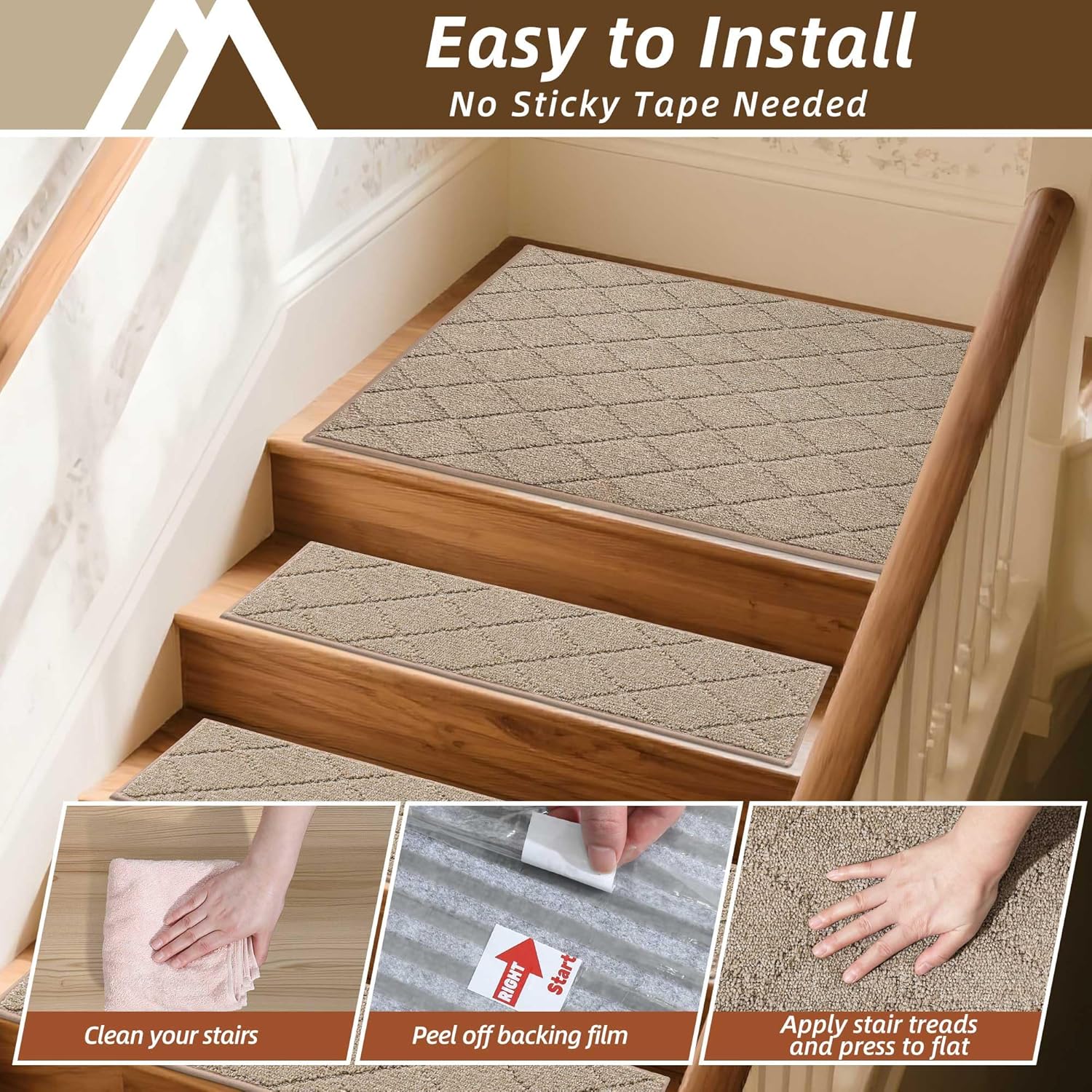 COSY HOMEER Edging Stair Treads Non-Slip Corner Indoor Stair Runners for Wooden Steps,Landing Slip Resistant Stair Rugs Mat for Kids and Dogs,100% Polyester TPE Backing,Beige,30x30 inch