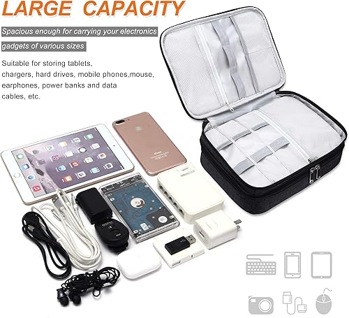 Miniatura 4 de SELLYFELLY Bolsa electrónica de viaje para cables de viaje, impermeable, organizador de electrónica de doble capa, estuche de almacenamiento