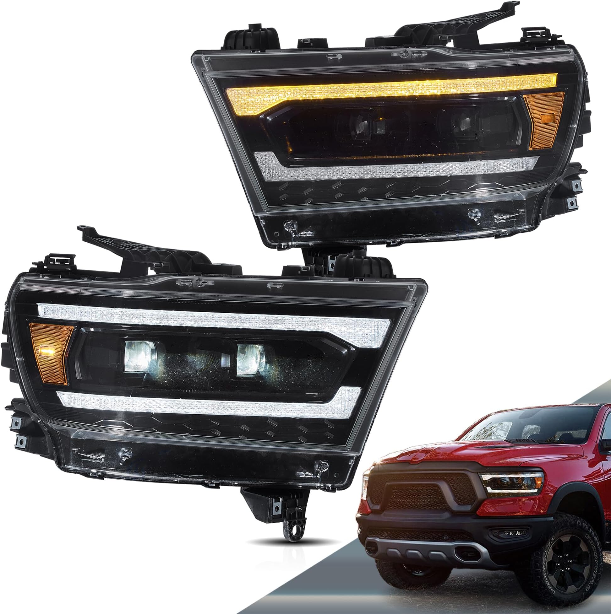VLAND Projector Headlights Compatible with Dodge RAM 1500 New Body(NOT fit Classic Models) 2019-2023 5th Gen w/Dynamic Animation Running Light Bar w/Switchback Sold as a PAIR, Amber Reflector