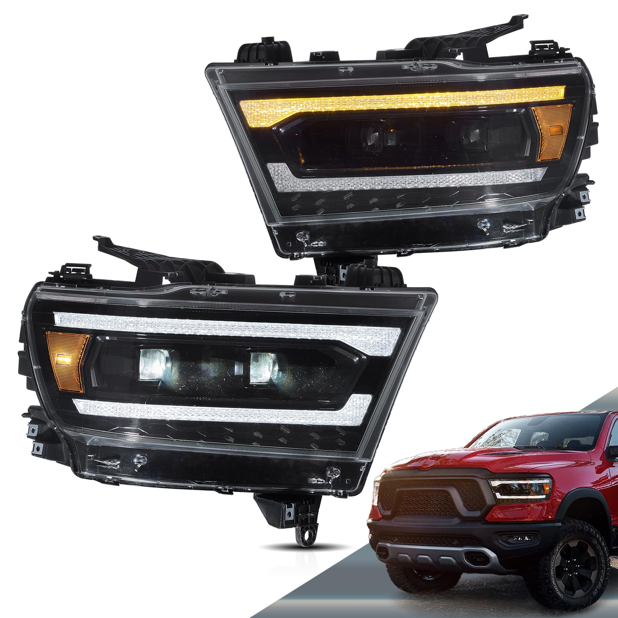 VLAND Projector Headlights Compatible with Dodge RAM 1500 New Body(NOT fit Classic Models) 2019-2023 5th Gen w/Dynamic Animation Running Light Bar w/Switchback Sold as a PAIR, Amber Reflector