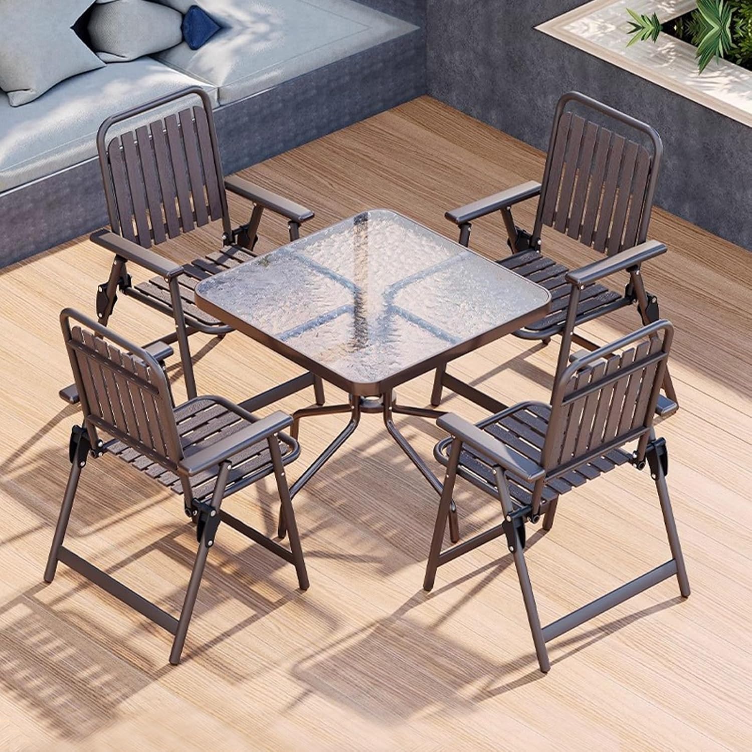 5 Pcs Patio Table and Chairs Set, Outdoor Patio Dining Sets, with 4 Folding Chairs and Table, Glass Tabletop, for Bistro, Garden, Backyard, Deck(Round Table)
