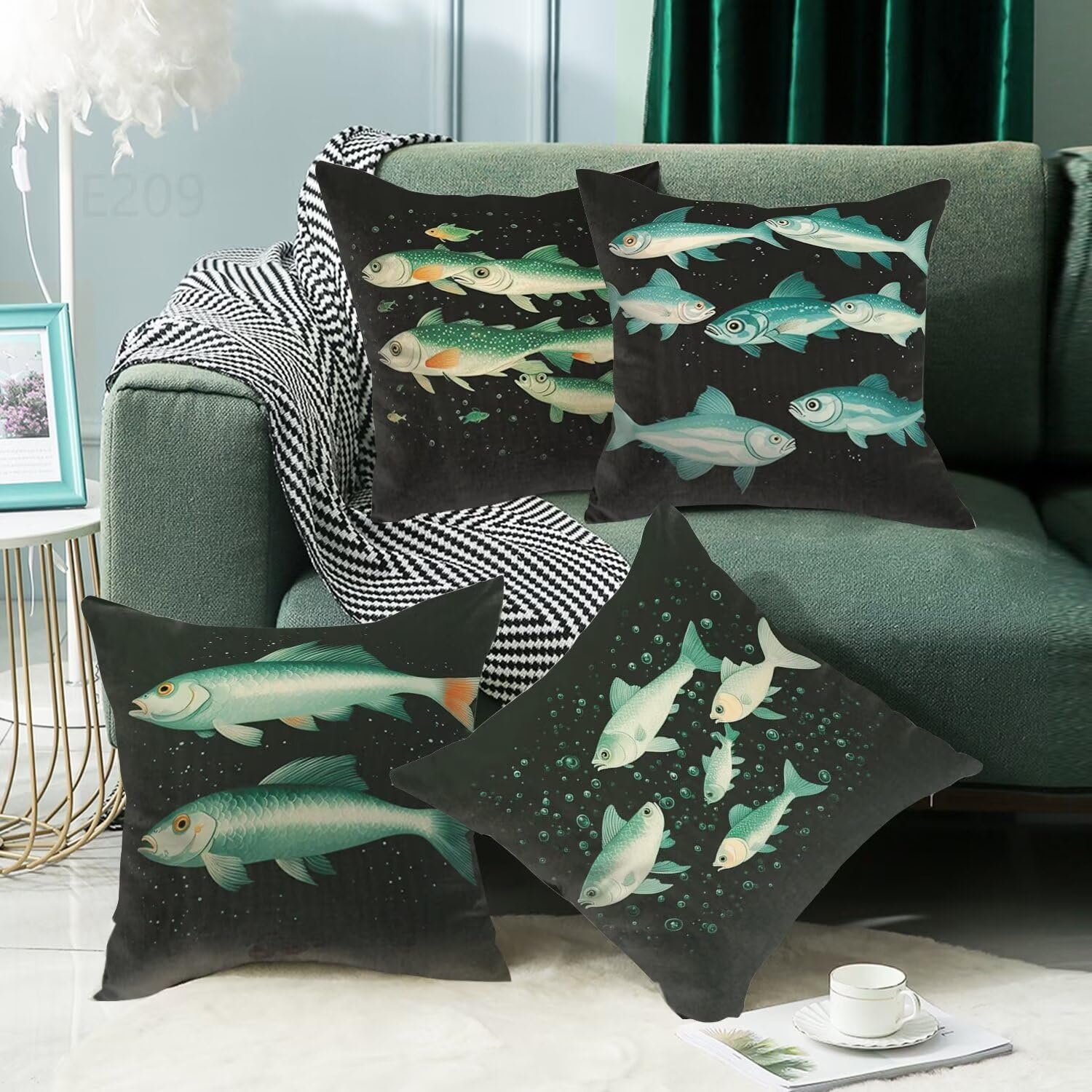 Set di 4 Cuscini per Divano in Lino,Quadrato Doppio Lato Verde Federe Cuscini Divano,65x65cm Esterno Impermeabile Cuscino,per Moderno Patio Esterno Giardino Soggiorno Decorazioni (Pescare) LY-209