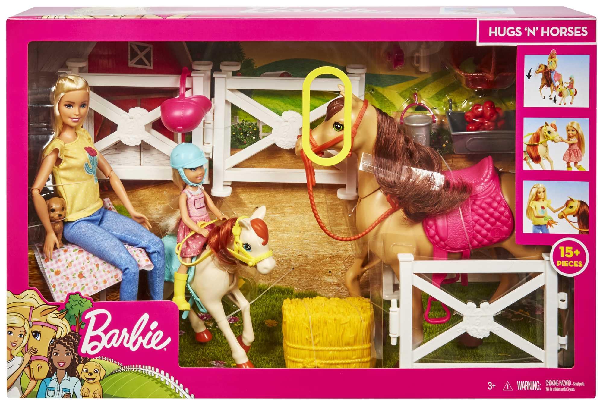 BARBIE Stadnina koni Zestaw + Lalki Barbie i Chelsea (blondynki), 2 konie o ruchomych głowach + ponad 15 akcesoriów, dla dzieci od 3 roku życia, FXH15