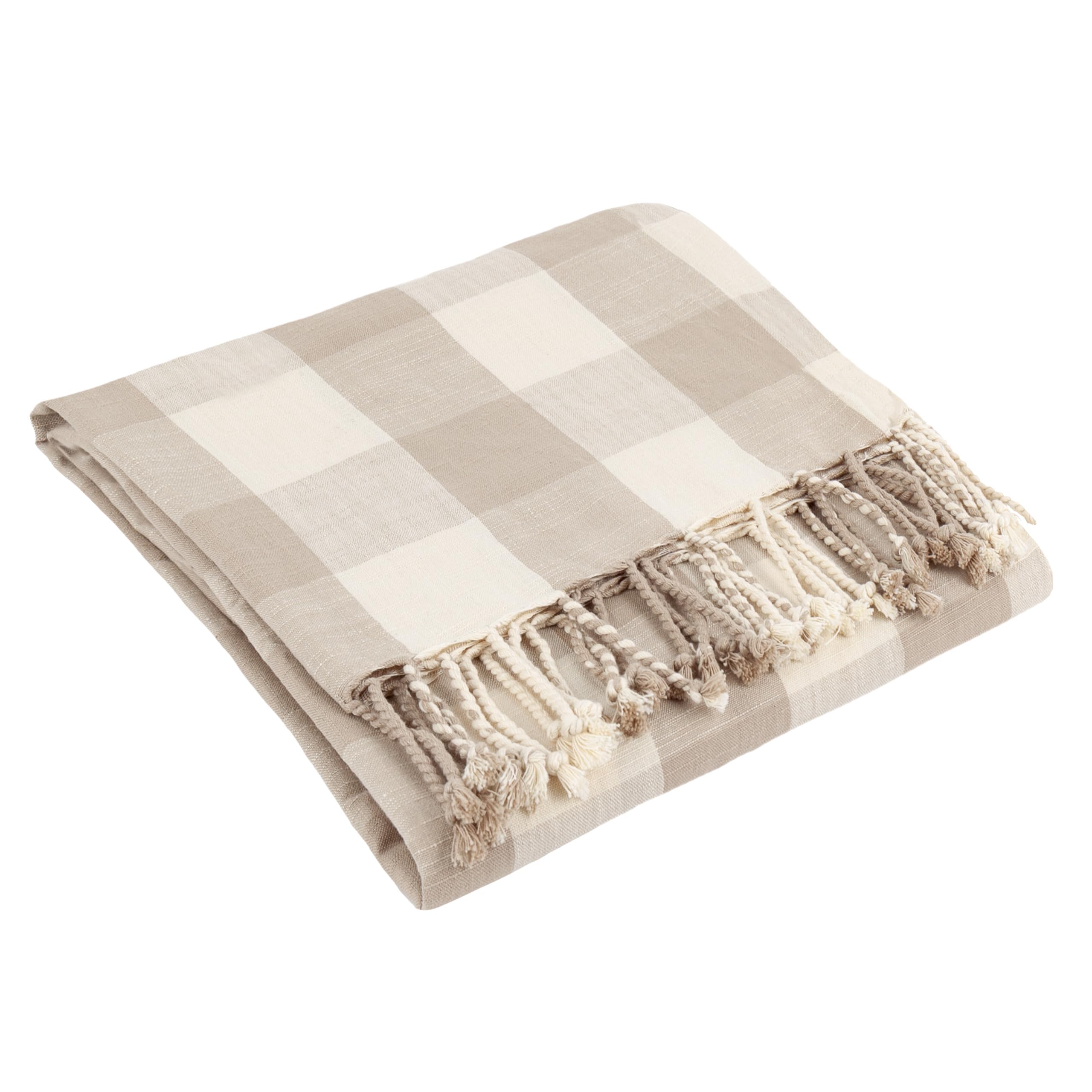 Yard Furn Chesil Check Tasselled Cotton Throw – Classic Check Soft Natural Weave (Natural – 130x170cm)
