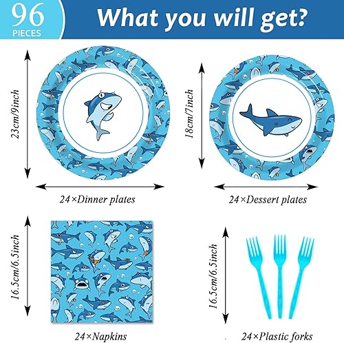Miniatura 3 de Juego de vajilla de 96 piezas de tiburones lindos para 24 invitados para decoración de mesa temática de océano, suministros de tiburón, platos de
