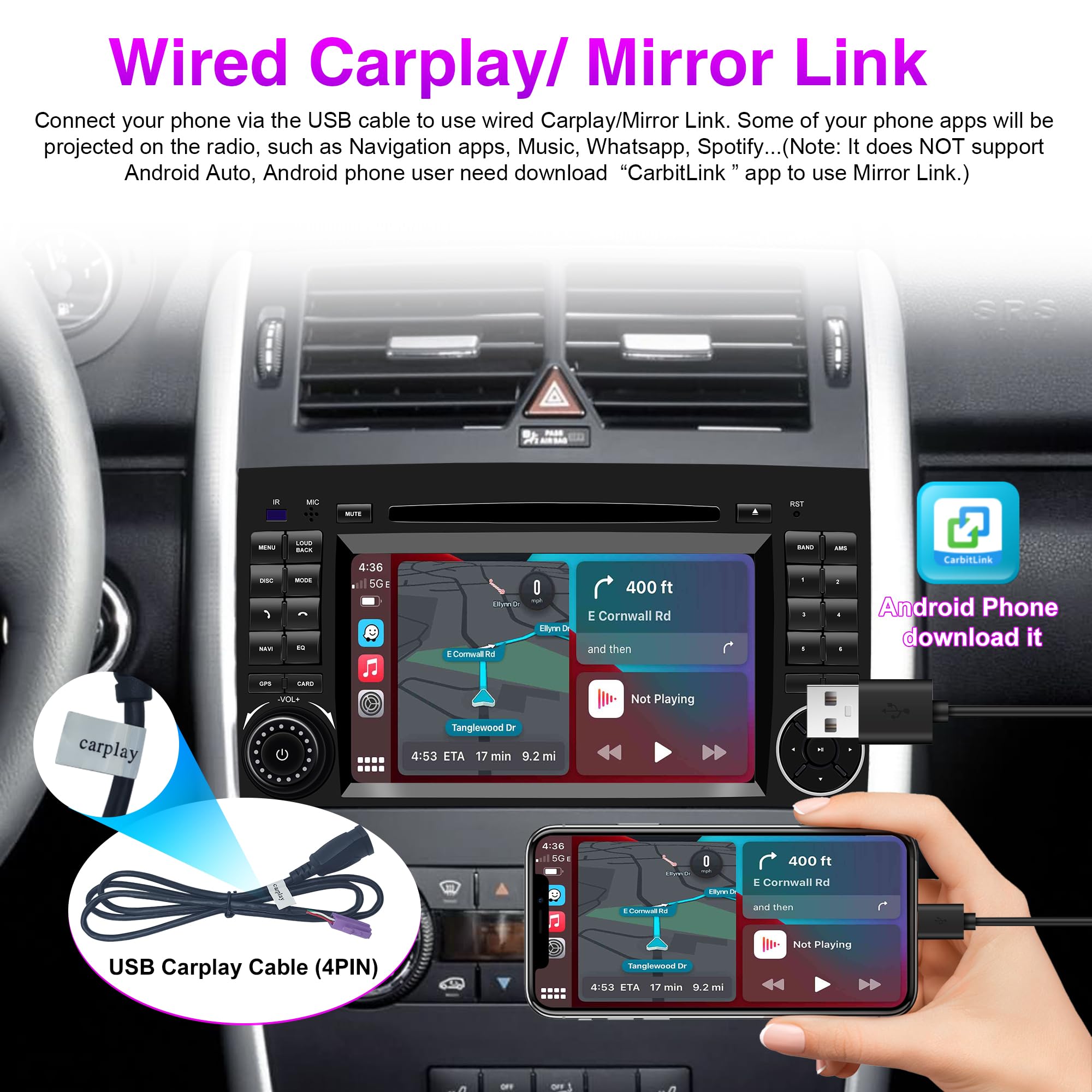 Android-Autoradio für Benz W169 W245 B16 B170 B180 B200 W639 Vito Viano W906 Sprinter Bildschirm Carplay Android Auto, GPS-Navigation [2 GB RAM + 16 GB ROM]