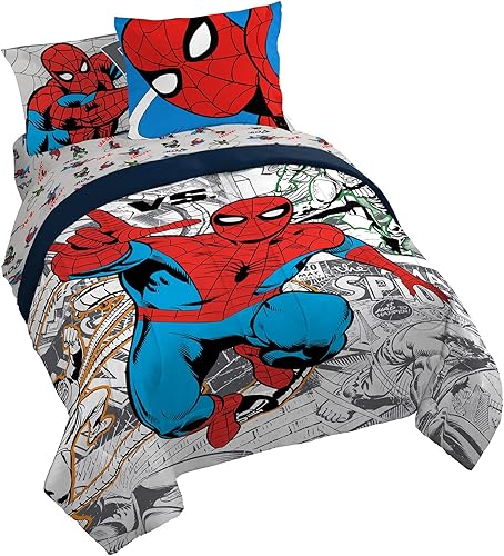 Marvel Spiderman Spidey VS - Juego de cama tamaño Queen de 7 piezas incluye edredón y juego de sábanas microfibra súper suave resistente a la