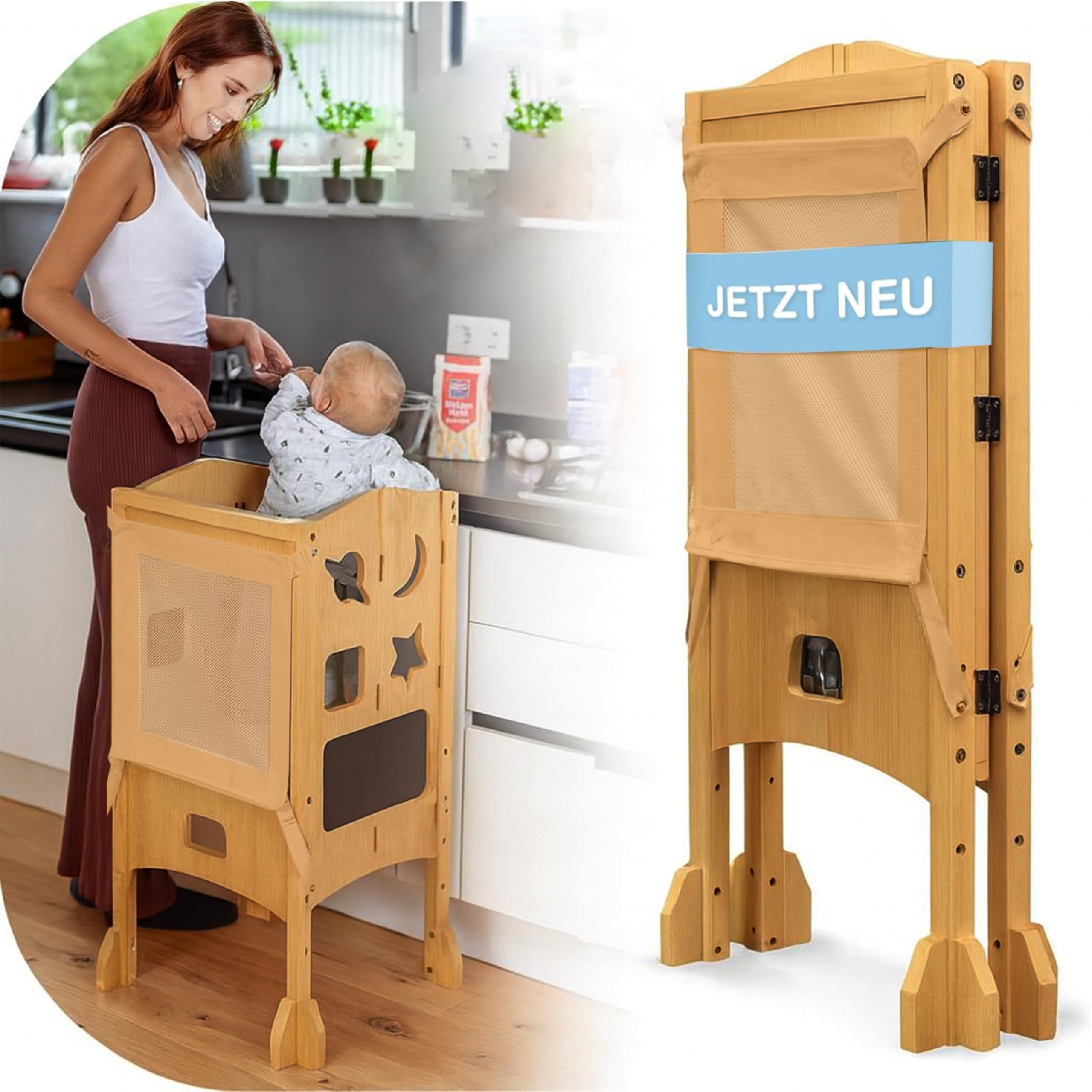 BabybeFun Lernturm ab 1 Jahr - Lernturm klappbar inkl. 360° Sicherheitsnetz - Extra Stabiler und massiver Learning Tower - vormontiert geliefert mit Anti-Kipp-Schutz