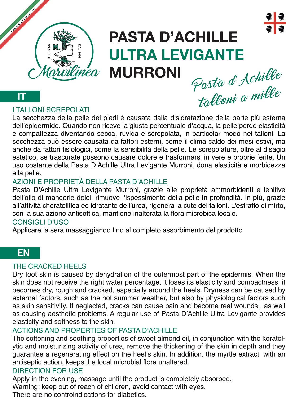 Pasta d'achille ultralevigante murroni crema cura piedi per talloni secchi e screpolati, con urea, olio di mandorle dolci e mirto. 100 gr