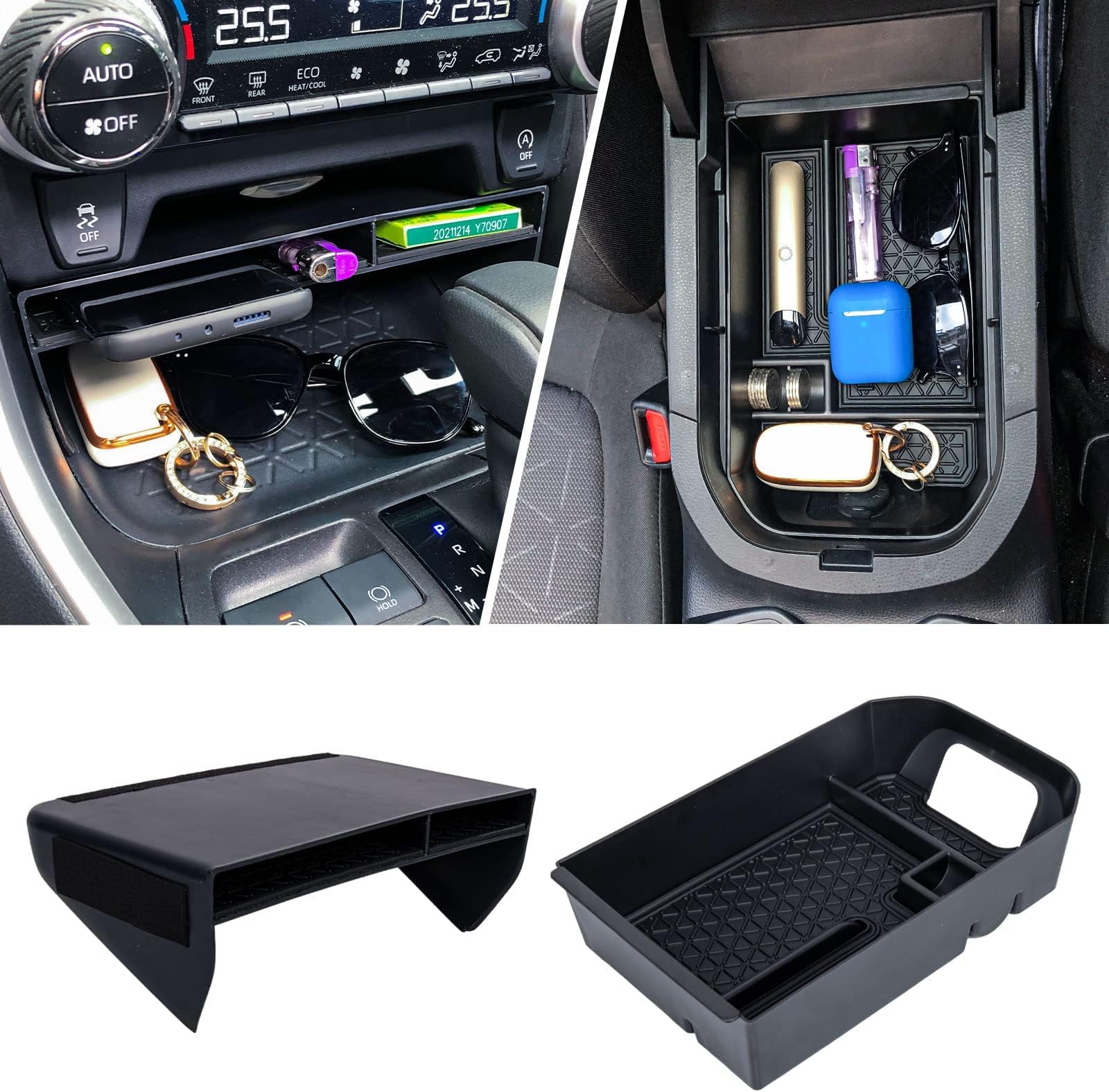 Excefore 2PCS Center Console Tray Organizer Compatible with Toyota RAV4 2022 2021 2020 2019 Accessories, Armrest Insert Container ABS Material Secondary Storage Box-Black