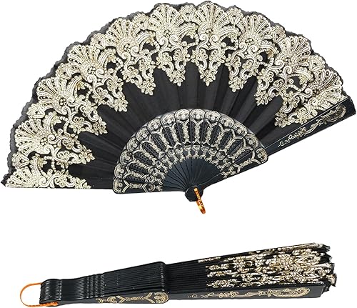 Miniatura 12 de INNOLIFE Ventilador de mano plegable español con patrón retro para mujer, ventilador plegable chino de mano para fiesta, baile, boda y decoración