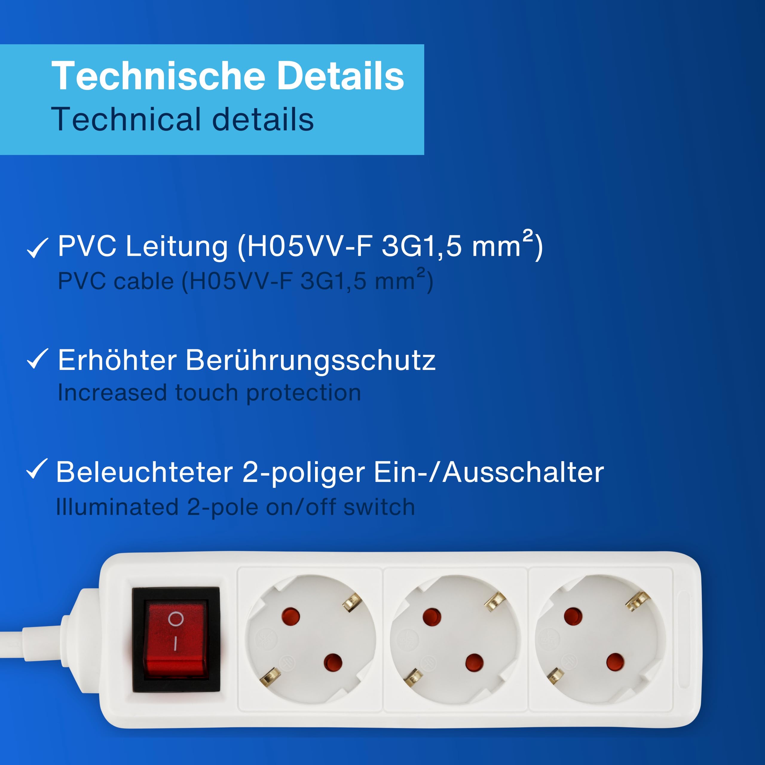 REV Stekkerdoos Ice - meervoudige stekkerdoos 3-voudig met 2 x USB, 3680 W, 1,4 m, wit