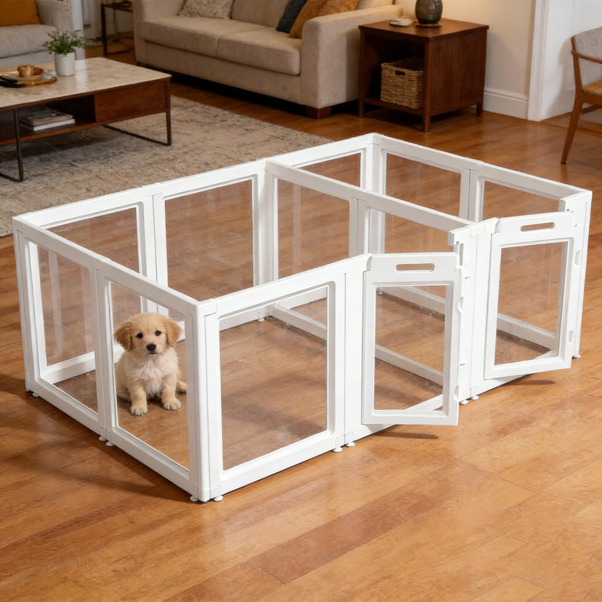 Acrylic Indoor Dog Playpen for Puppies and Small Dogs, Easy Assemble Whelping Crate Kennel Cage Enclosure,Fence for Small Dogs Pet Pen（ 23.6“ X19.7“, 12 Panels, White）