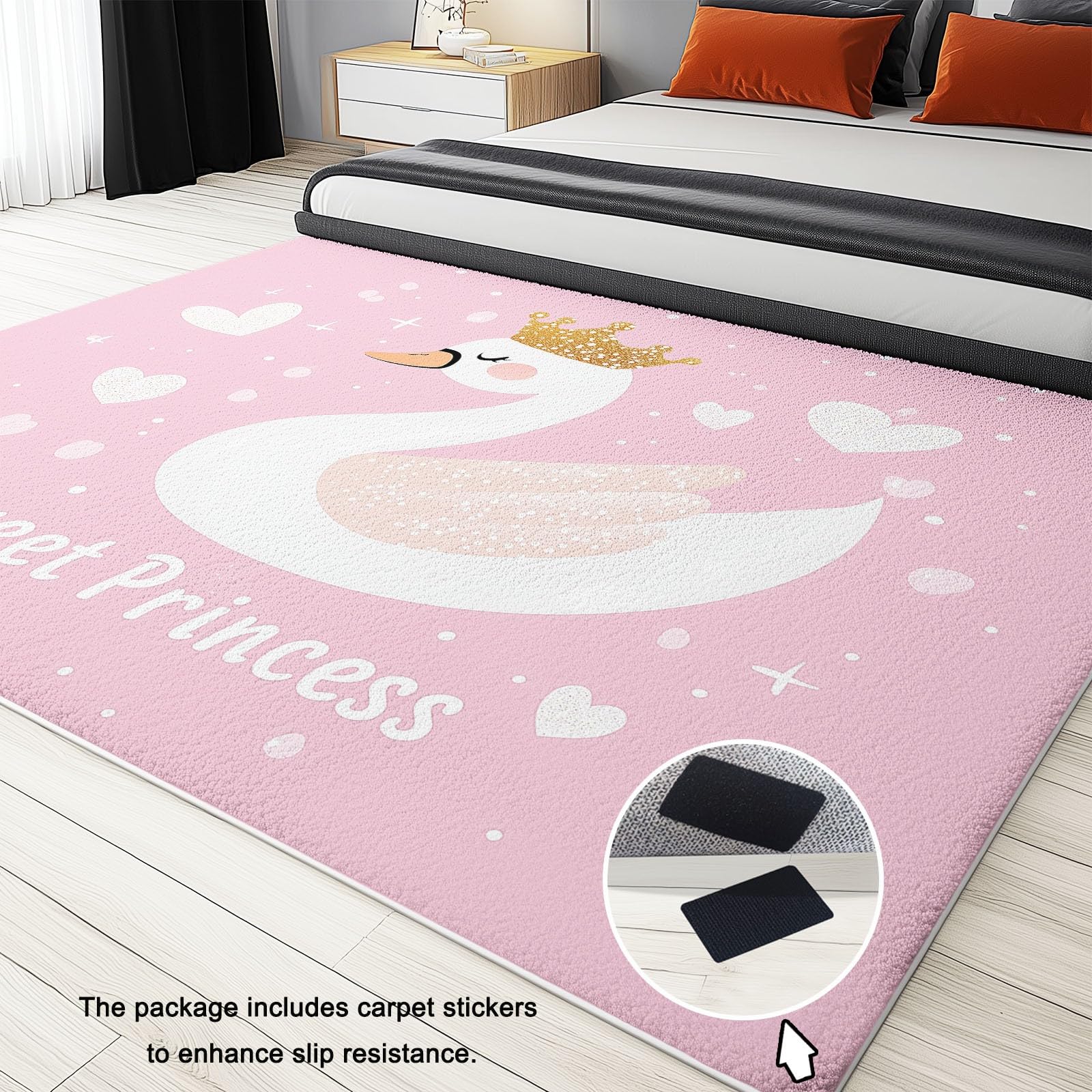 Tapis Salon Poil Court Lavable Antidérapant 60x110 cm Rose Blanc Motif Cygne Princesse