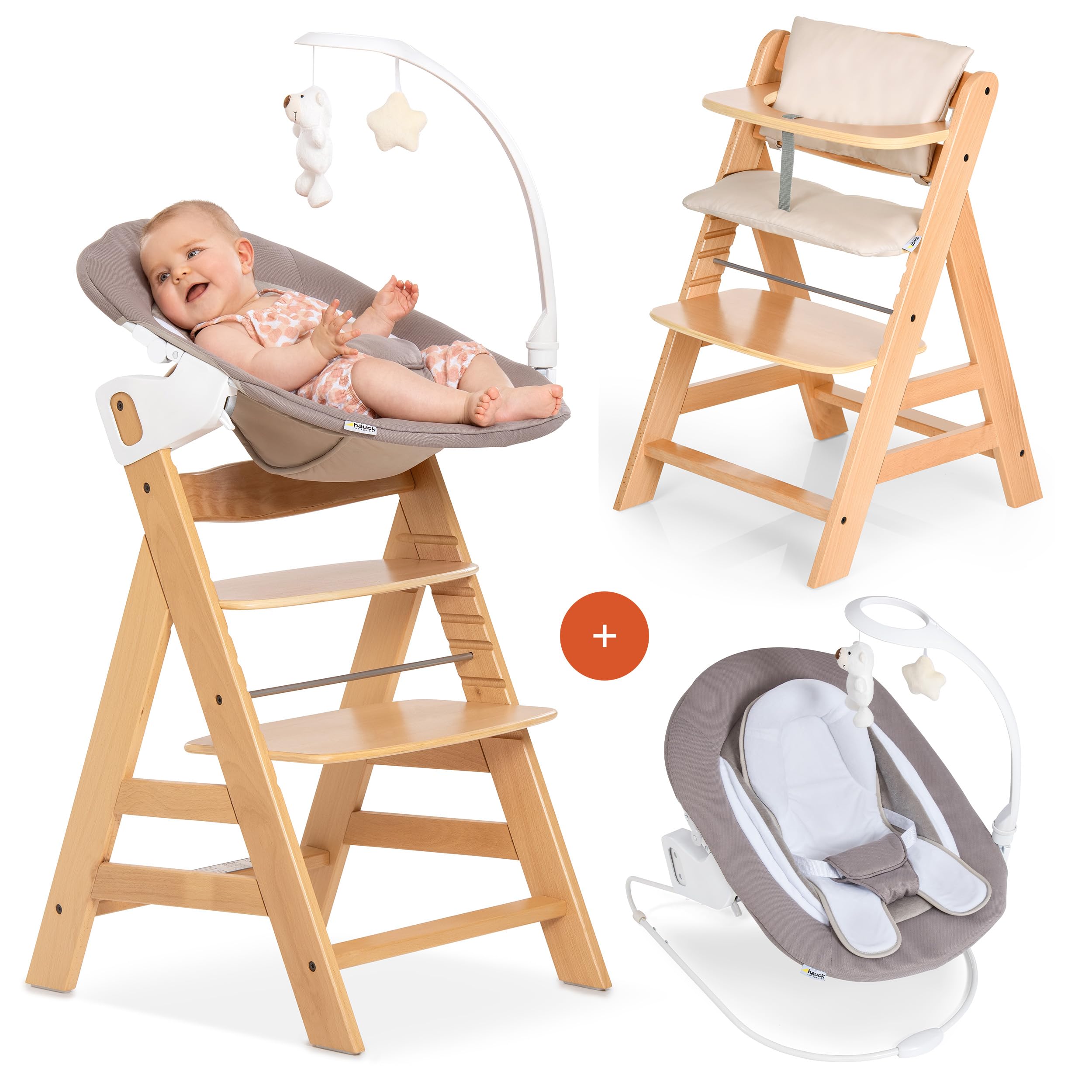 Hauck Alpha Plus Newborn Set Deluxe Seggiolone Evolutivo Legno Naturale con Sdraietta Dondolo e Cuscino
