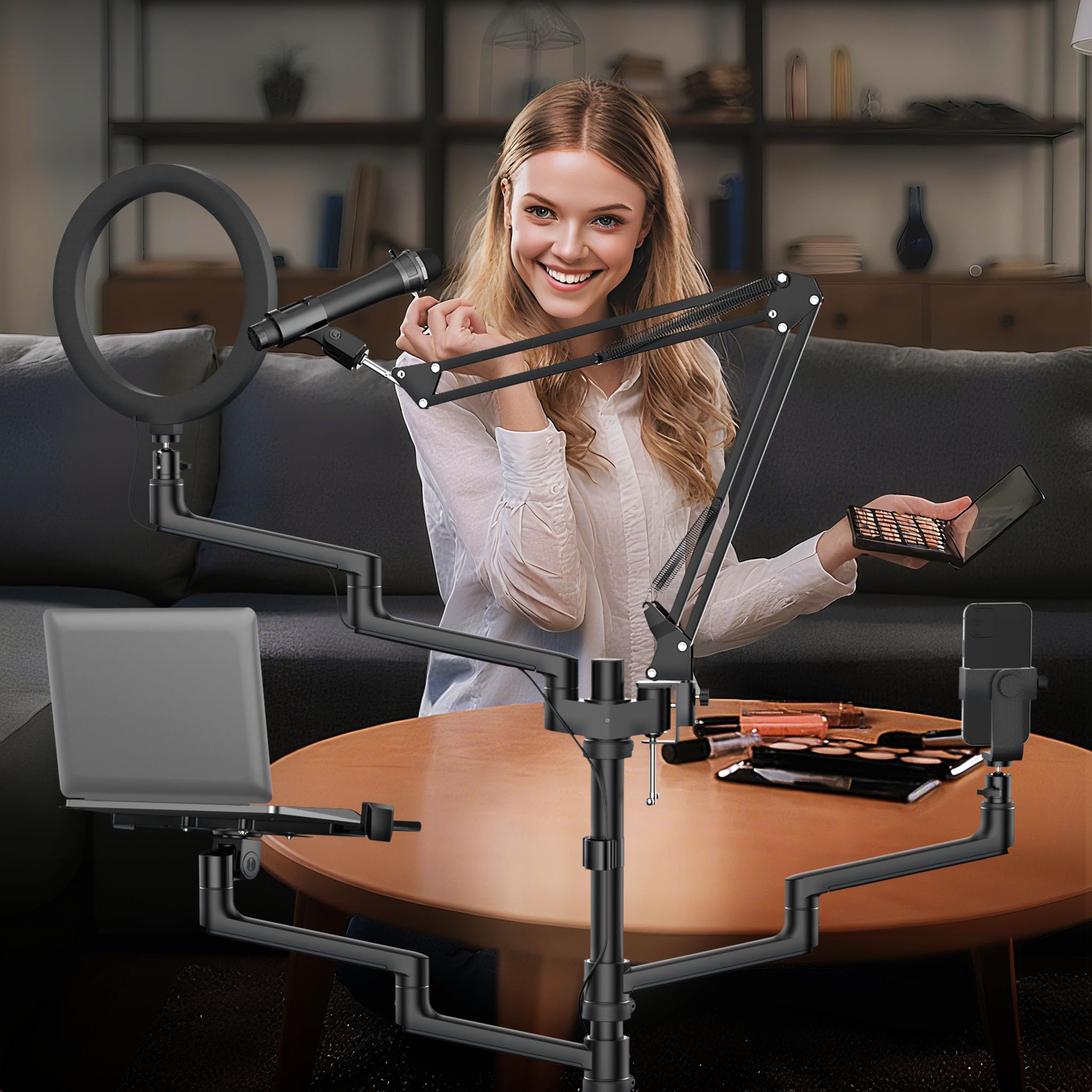 WilTec Soporte de Streaming 4 en 1 99,6x15,2 x143 cm Base con Ruedas 1 Brazo de micrófono 3 Brazos articulados para cámara, Anillo de luz y Monitor/Ordenador Base de Broadcast