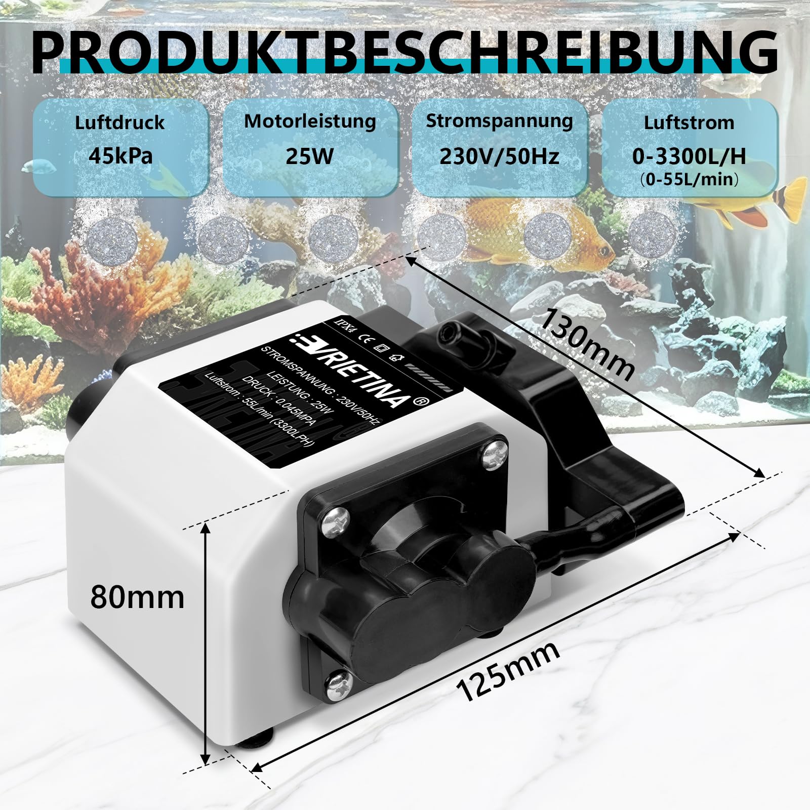 Pompe à air pour Aquarium à 6 Sorties | Aérateur de Bassin réglable 25 W pour bassins de Jardin avec 6 diffuseurs d'air | Pompe à oxygène puissante | Aération du Bassin, jusqu'à 3300 l/h