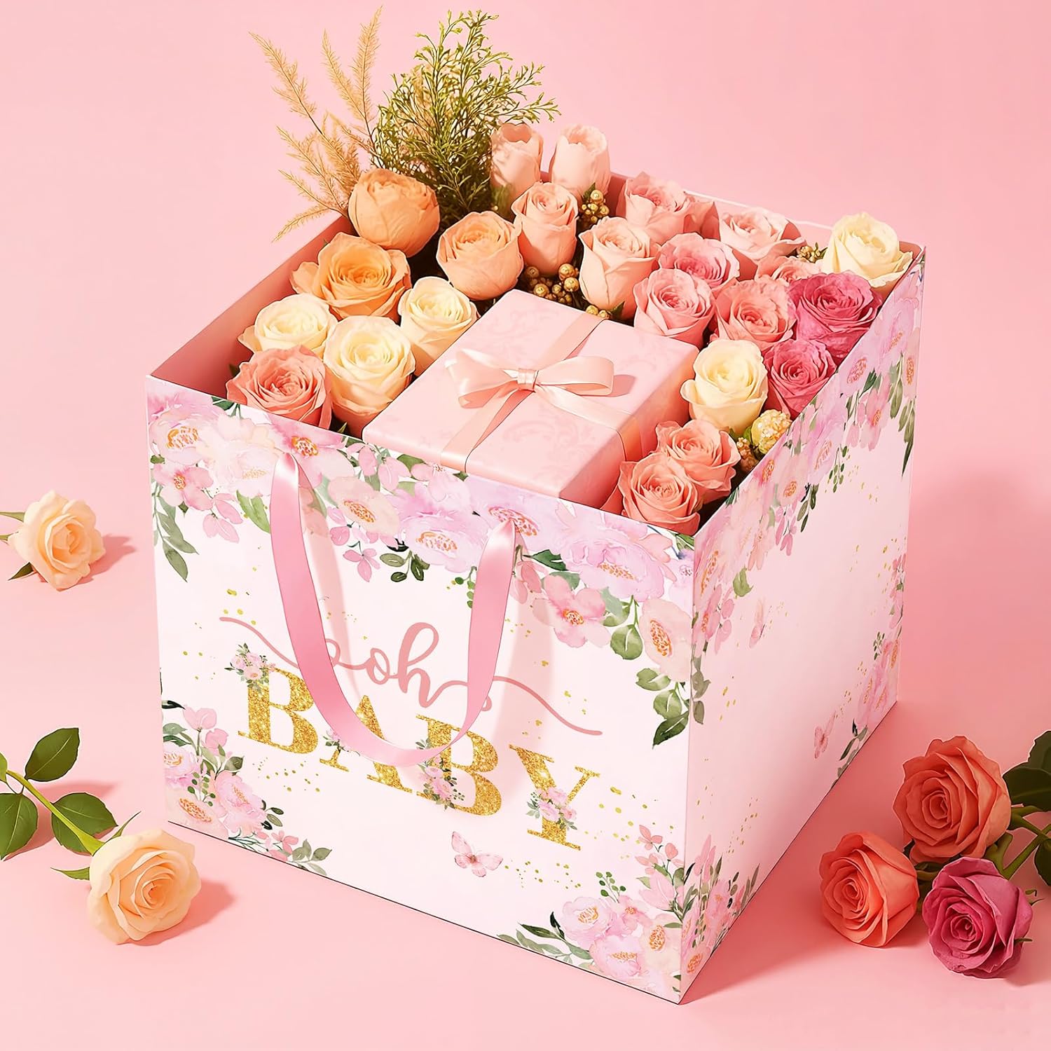 Extra Large Baby Gift Bag, Pink Floral Square Gift Bags Baby Shower Wrapping Paper Bag with Tissue Paper Oh Baby Jumbo Gift Bags for Sweet Baby Girl New Parents Gender Reveal Party Favors - Image 2