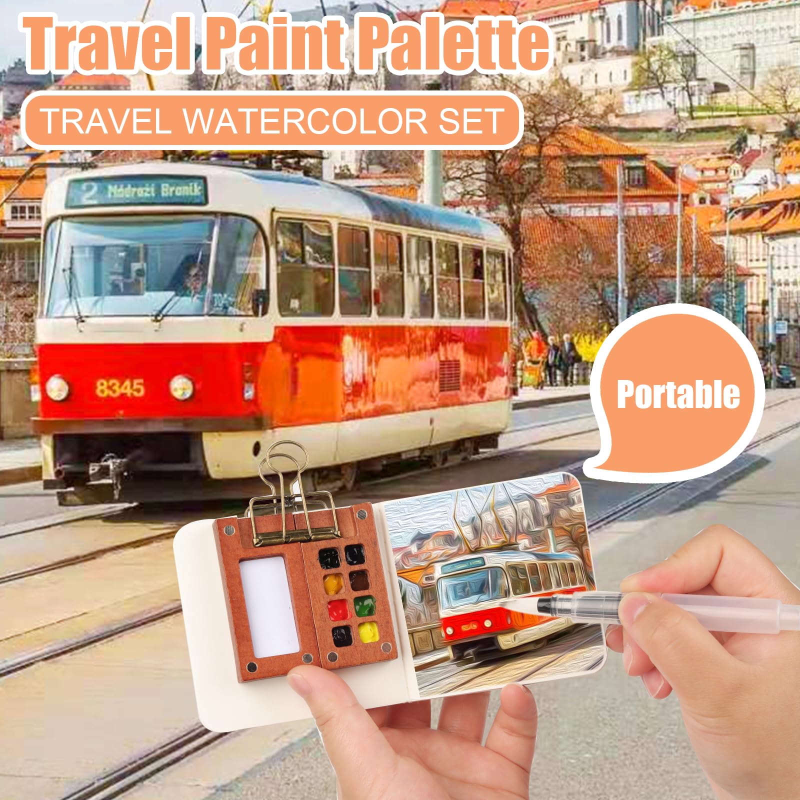 Mini set da viaggio ad acquerello, set di 8 griglie, tavolozza portatile in legno, per artisti, studenti, con carta ad acquerello, pennello, pennello, clip