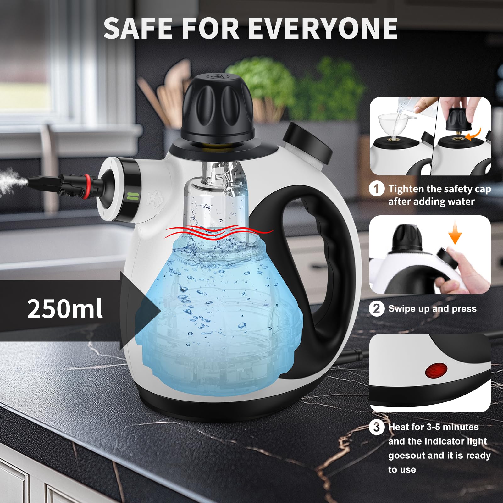 Dampfreiniger mit Sicherheitsverriegelung und 14 Zubehörteilen, Dampfreiniger handgerät unter Druck für Badezimmer, Küche, Möbel, Stoffe, Fugen, Herd (Schwarz&Weiß)