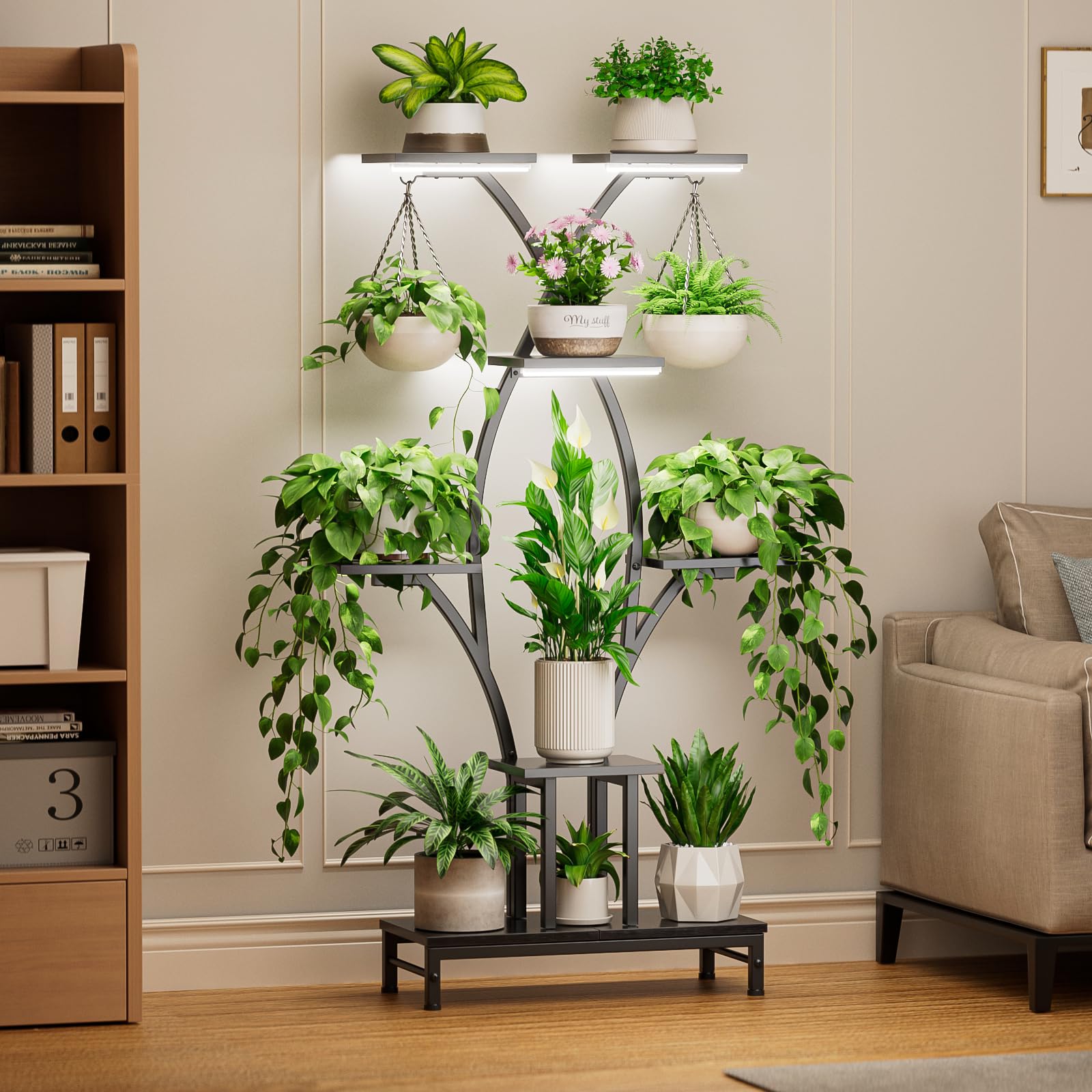 Mutool - Soporte para plantas de interior con luces de crecimiento, estante alto de 163 cm para exhibición de flores, soporte de esquina que ahorra espacio para decoración del hogar, sala de estar