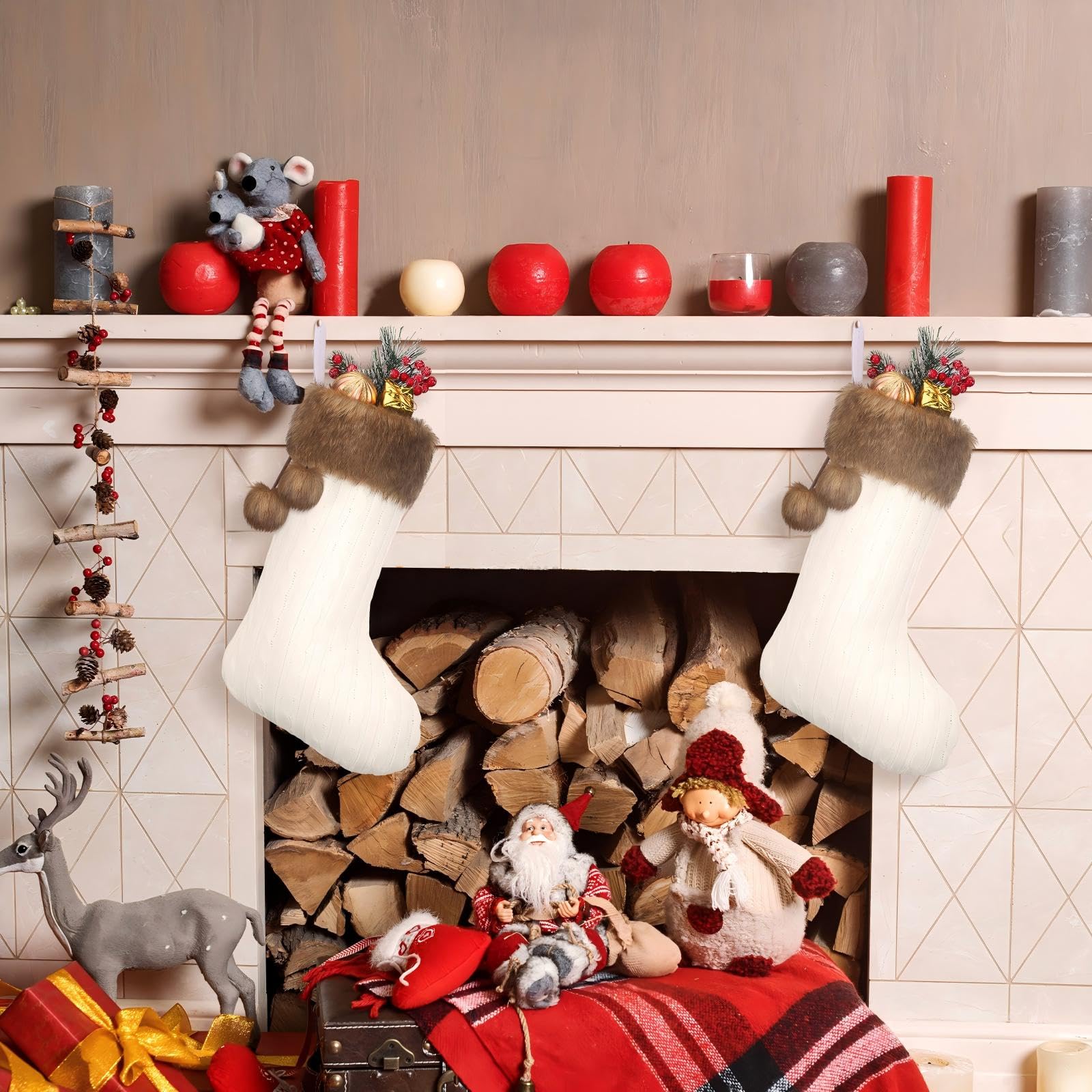 Weihnachtsstrümpfe, 45,7 cm, große Weihnachtsstrümpfe mit Kunstfell-Manschette, hängende Weihnachtsstrümpfe, rustikale Ornamente für Weihnachten, Feiertage, Dekorationen, Familienparty, Weiß, 4