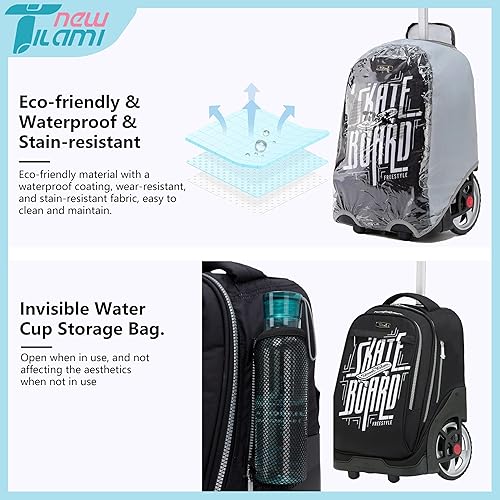 Miniatura 6 de NEW TILAMI Mochila con ruedas para adolescentes, mochila con ruedas para portátil, bolsa de viaje para universidad, Tabla de skate negra, Mochilas