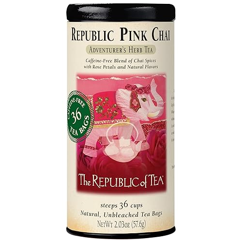 The Republic of Tea Republic Pink Chai - Lata de té de hierbas, 36 bolsas de té, naturalmente sin cafeína